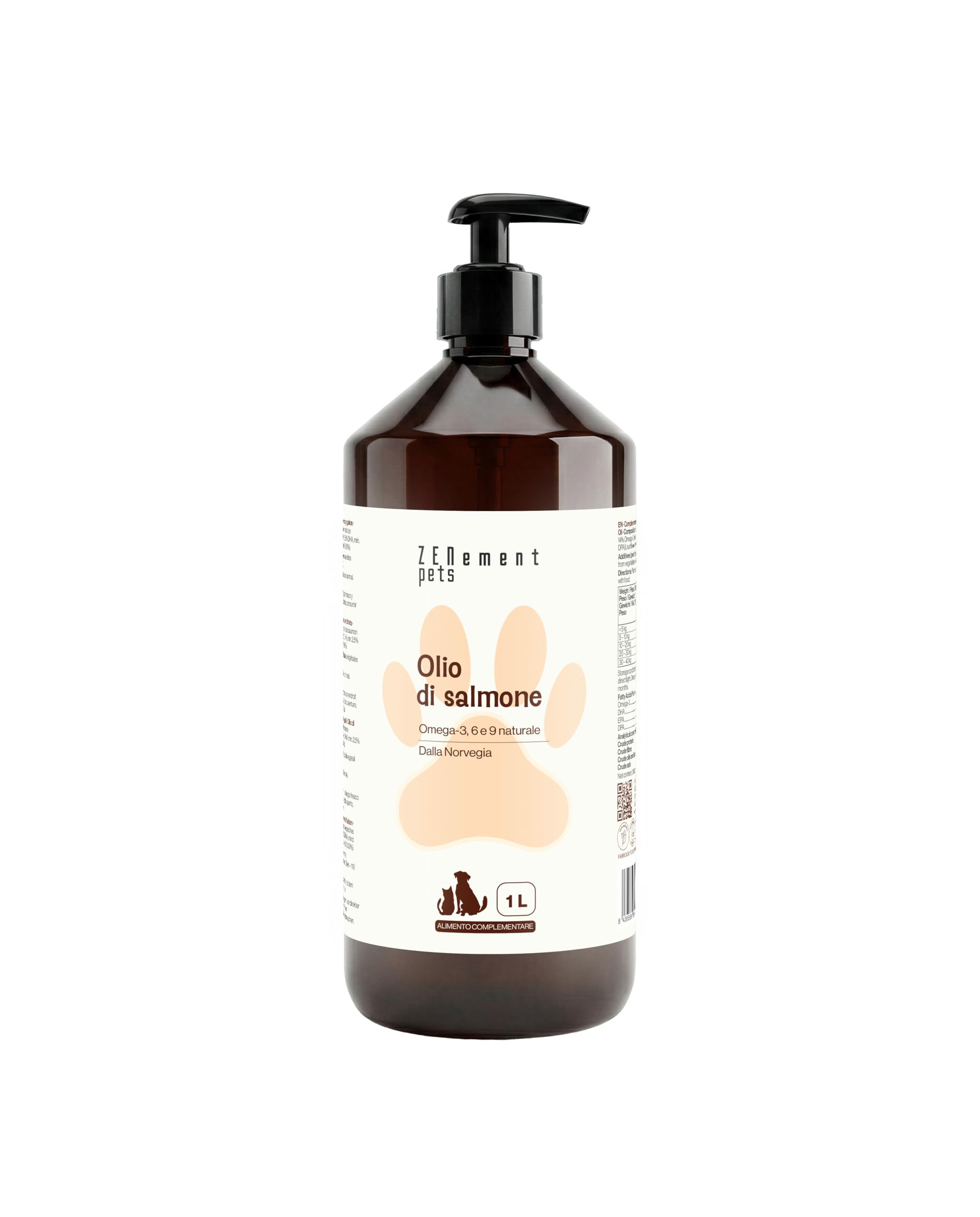 Olio di Salmone 100% Naturale per Cani e Gatti – Origine Norvegese, Omega-3, 6 e 9 con EPA, DHA e DPA – Pelle, Pelo e Articolazioni – 1000 ml con Dosatore – Zenement Pets