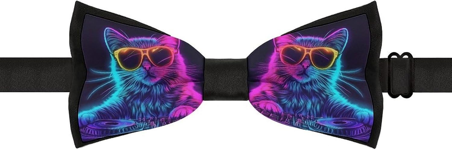 Rainbow DJ Cat Bow Ties for Men Fun Printed Pre Tied Adjustable Bowtie for Party Wedding