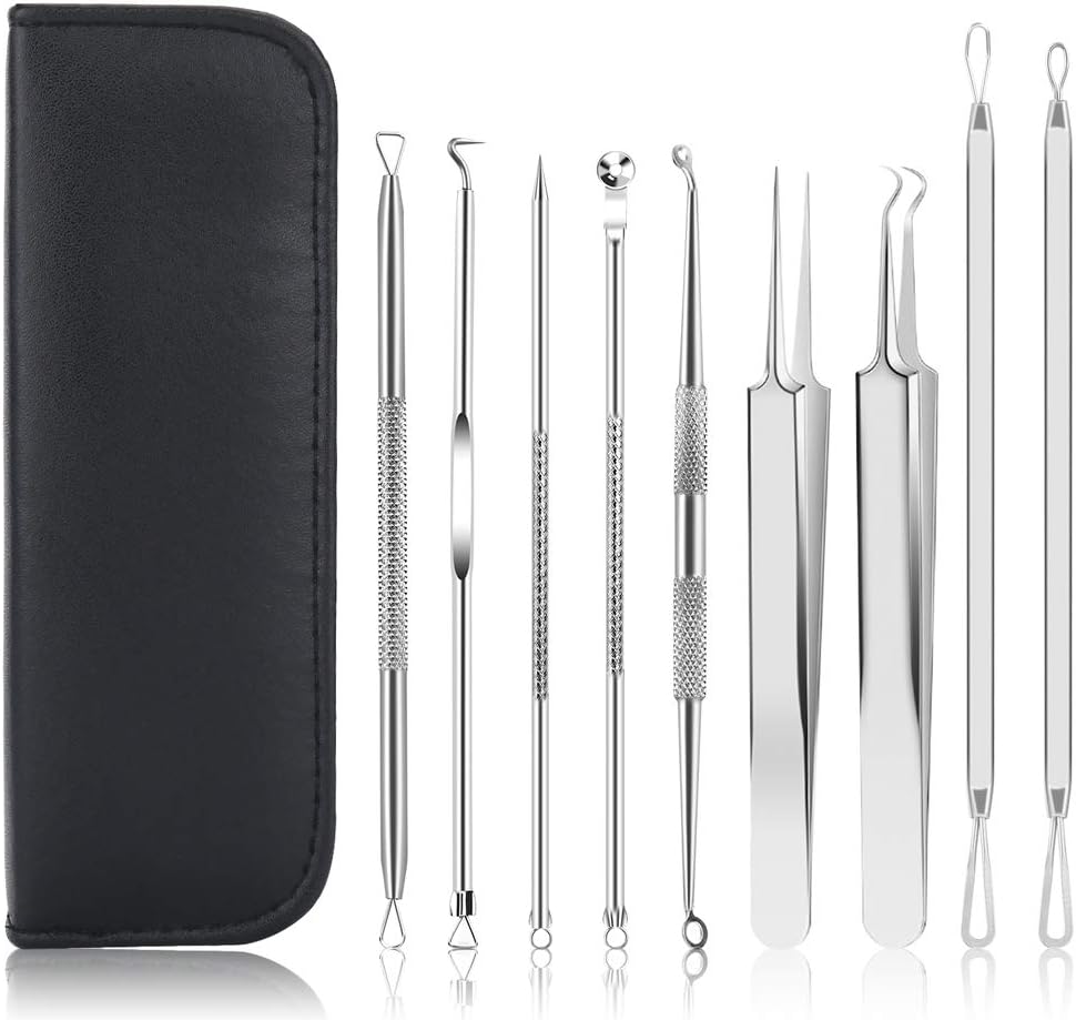 UUBAAR 9 PCS Blackhead Remover & Pimple Popper Tool Kit with Stainless Steel Tweezers & Travel Case, Professional Acne Zit Extraction Kit, Whitehead Comedone Extractor for Facial Nose