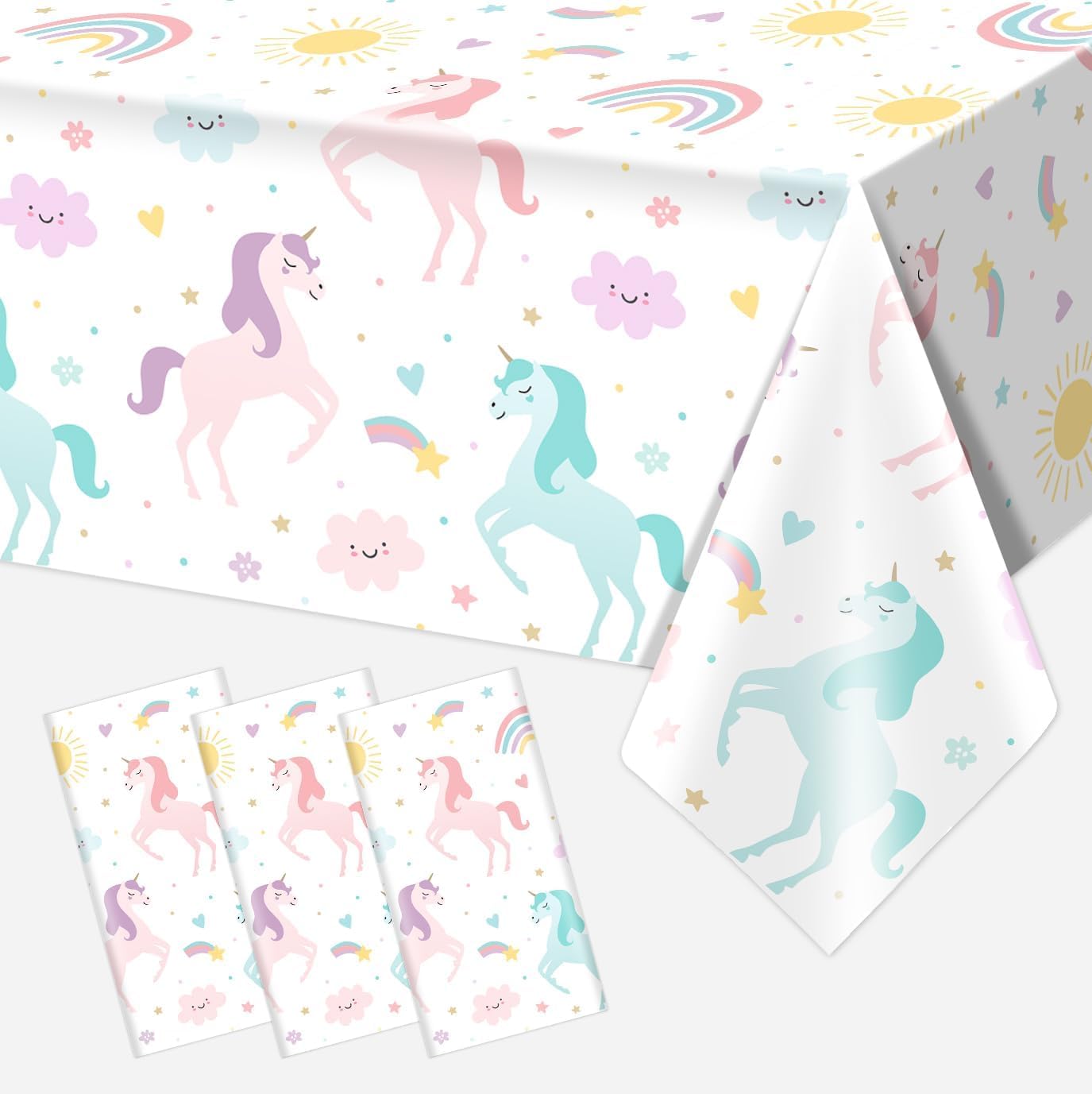 Utolily 3PCS Unicorn Birthday Tablecloths Unicorn and Rainbow Party Decorations for Girls Pastle Unicorn Happy Birthday Disposable Plastic Tablecloths Party Supplies 54x108IN