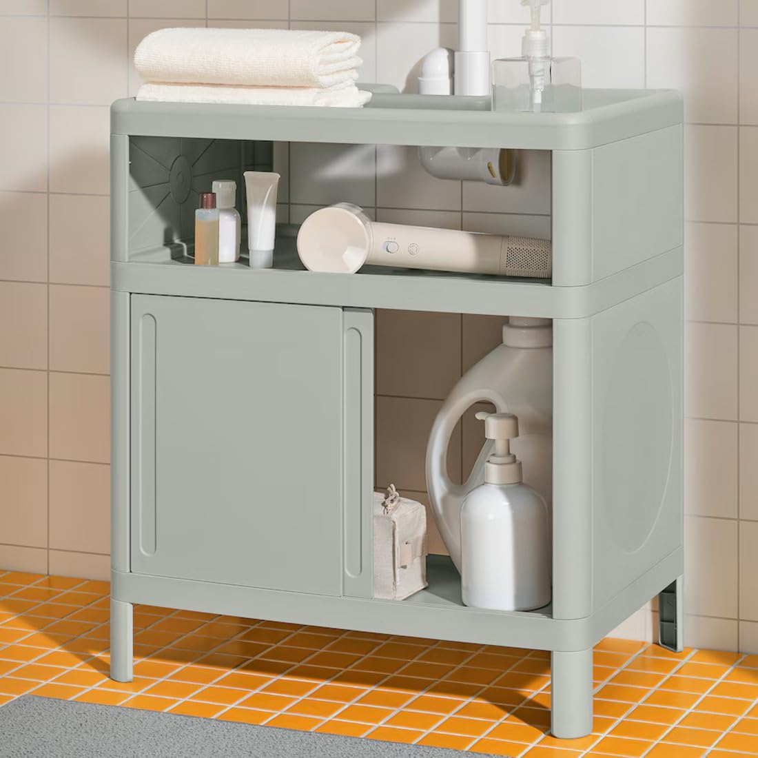 Ikea IVÖSJÖN Wash-Basin Base Cabinet with Sliding Doors, Green, 50x33x57 cm, with Hand Towel, Pink, 40x70 cm 3