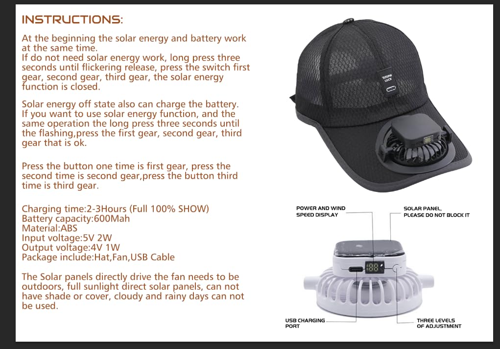 Cappellino da baseball per adulti, in rete, da pesca, con ventilatore solare, protezione UV estiva, cappello da sole con ricarica USB