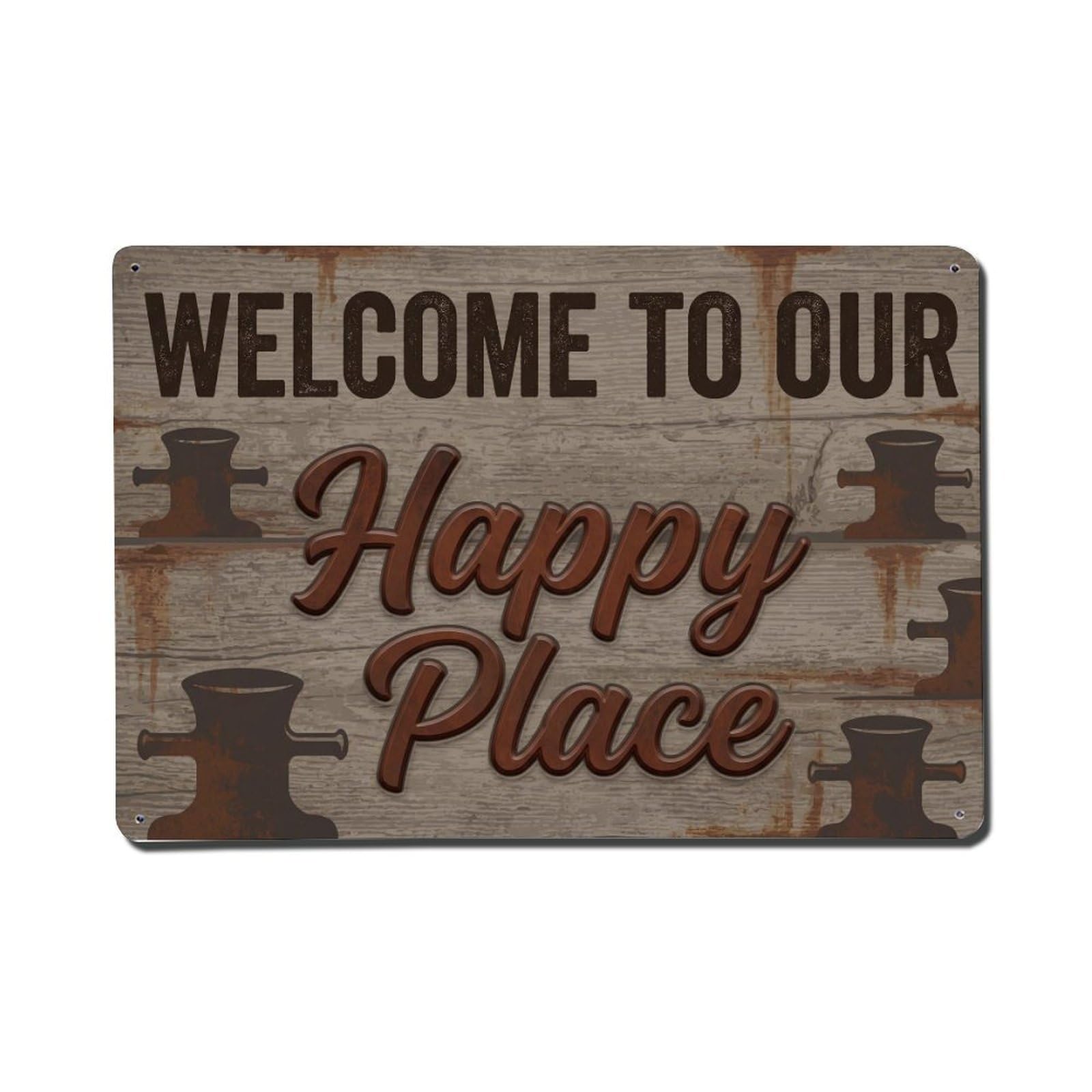 Fqnyr Style Welcome To Our Happy Place Vintage Bollard Wharf Metal Tin Sign Plaque Wall Decor For Cafe, Club Bar, Office, Home Garden Metal Poster 8X12inch