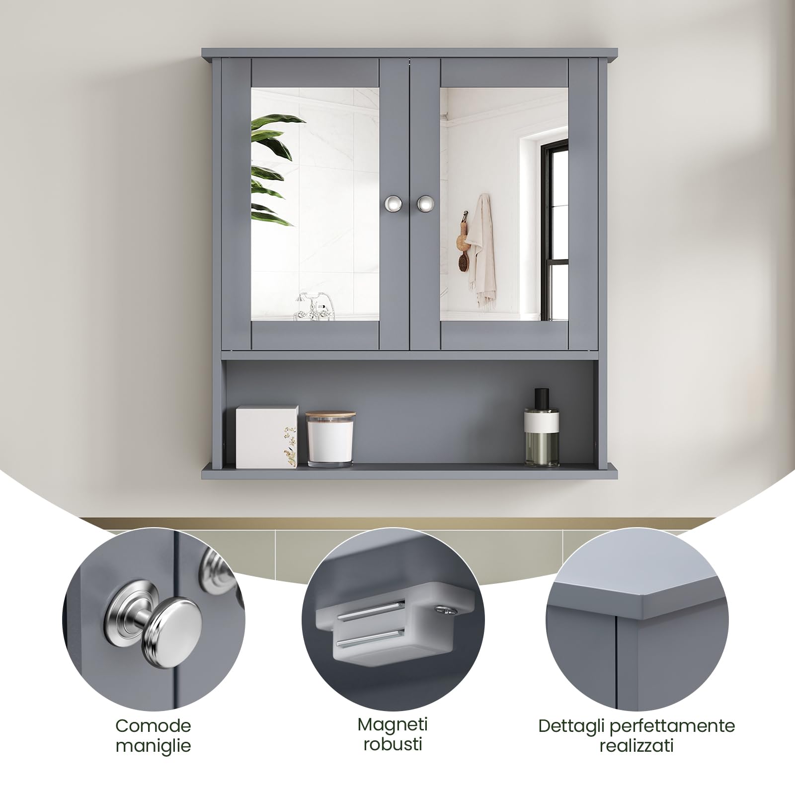 Mueble De Baño Con Espejo EUGAD - 56x58x13 Cm, Blanco, MDF Clase E1, Estante Ajustable - Armario Suspendido Para Baño O Cocina