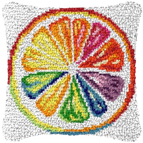 Image of ZFFLYH Colorful Lemon Latch Hook Pillow Kits for Adults Pre-Printed Cushion | Home Sofa Cushion Cover Preprinted Canvas Crochet Yarn Kits Needlework Crafts Festival Gift for Adults Beginner 17X17 Inch