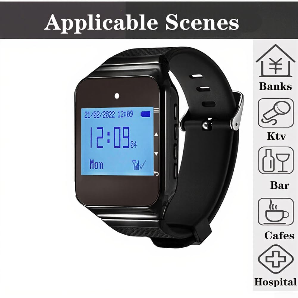 Sistema de localización inalámbrica, 1 a 5 Reloj de pulsera Llamador Receptor móvil impermeable para té Restaurante Cafe Reloj Buscapersonas Sistema de llamada (negro)