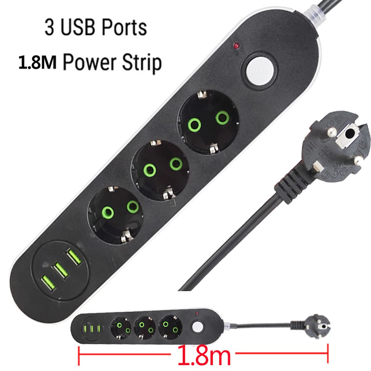 Multipresa, Multipresa Elettrica Con USB Ciabatta Con 3 Prese Elettriche E 3 Porte Di Carica USB Un Interruttore Di Controllo Con Protezione Da Sovraccorrente 2500W 17W 5V 3.4A Cavo 1.8M, Nero-Grigio