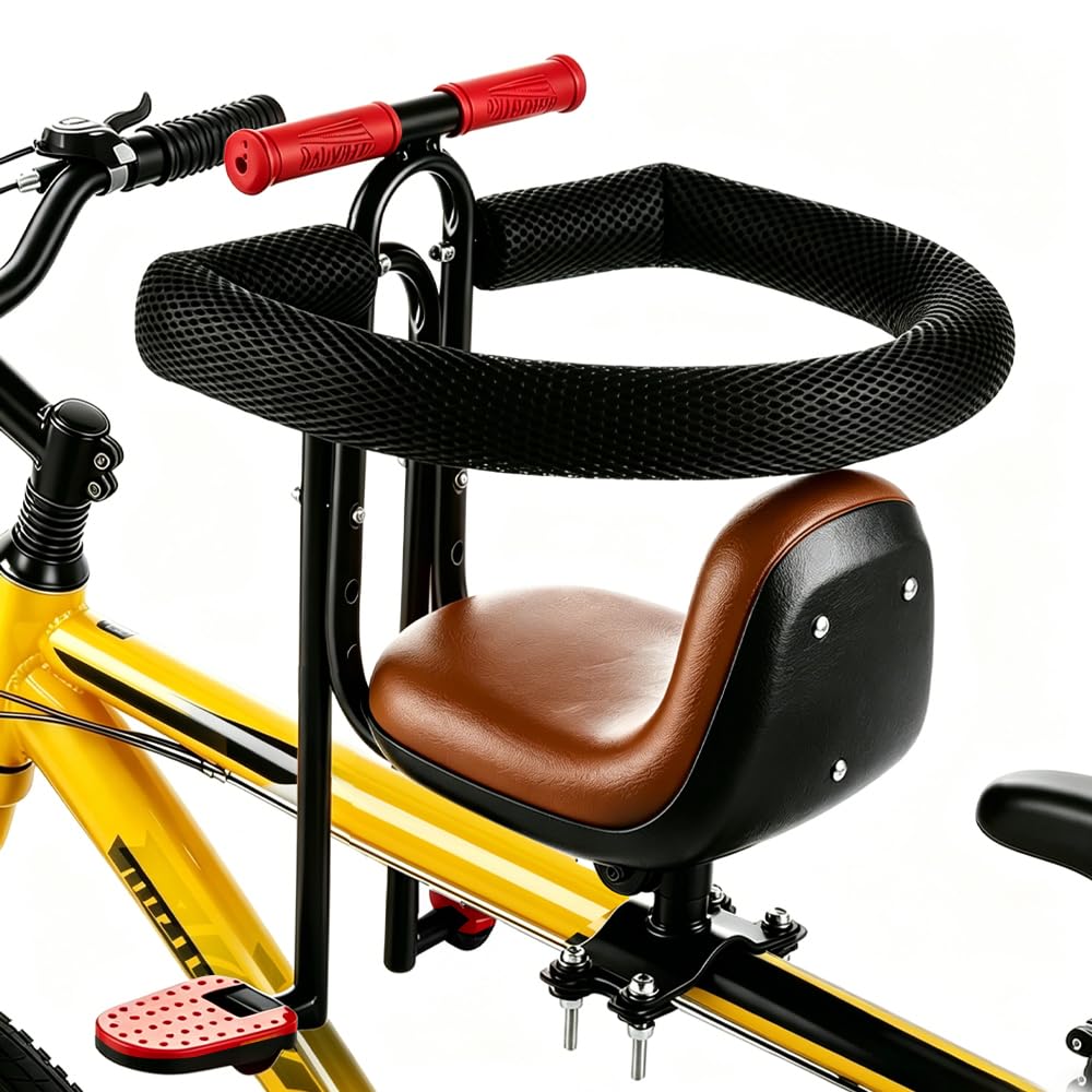 Siege Velo Enfant Avant, Confortable Siège De Vélo pour Enfant, Grille Protection Intégrale Réglable Siege Bebe Velo, Siège Bébé Avant VTT & Vélos Pliants, Marron