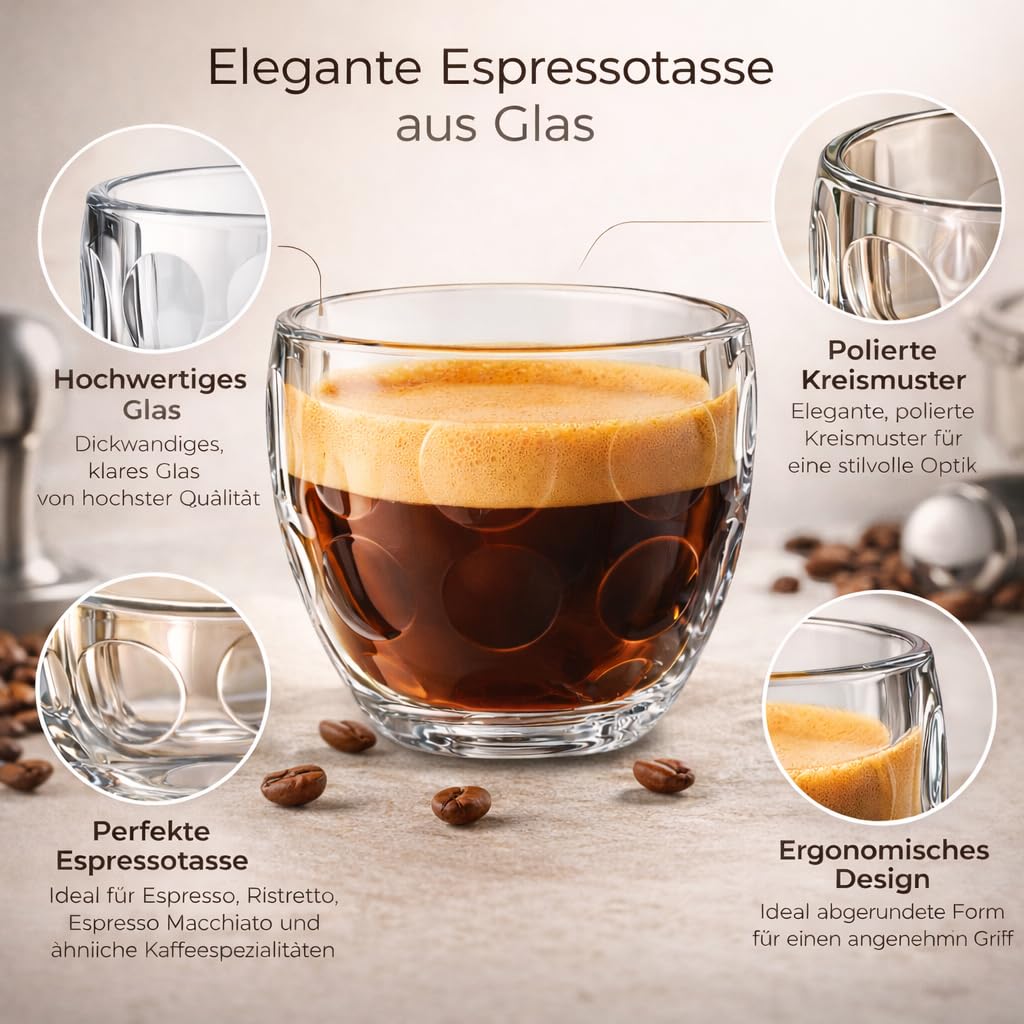 Espressotassen Glas 80ml - 6er Set - Espressogläser Mokkatassen – dickwandig & kristallklar – robuste Espresso Gläser für Siebträgermaschine & Kaffeevollautomat