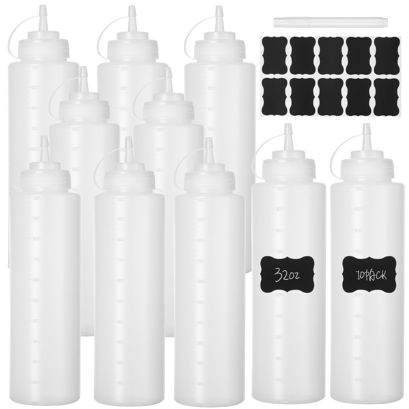 10 Pcs 32 oz Plastic Squeeze Bottles Clear Large Condiment Squeeze Bottles for Sauces Pancake Ketchup Syrup Squirt Condiment Dispenser with Caps Restaurant with 10 Stickers and 1 Pen