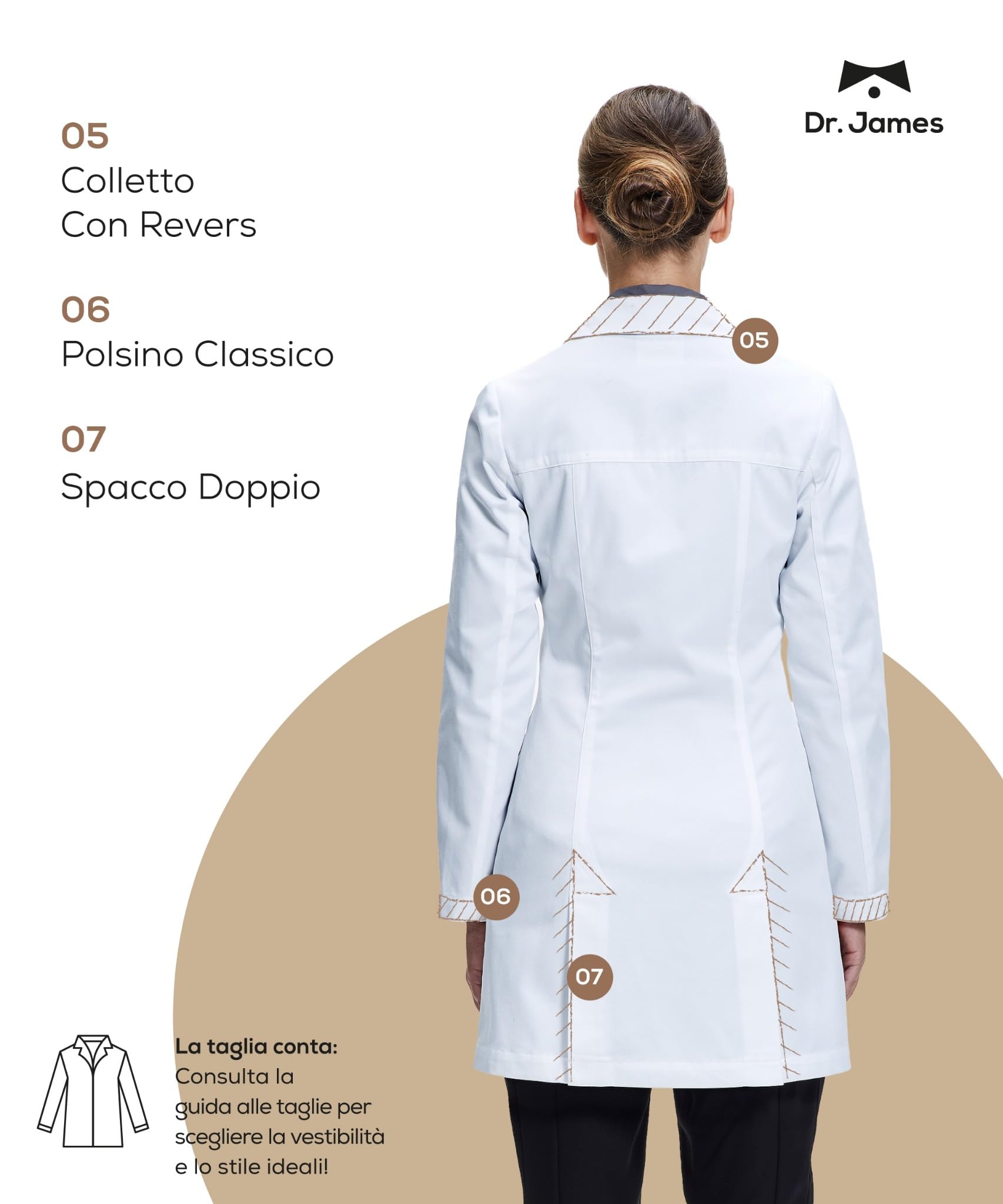 Dr. James Camice da Laboratorio Premium Sartoriale Donna, Vestibilità Slim Fit, Chiusura con Bottoni a Pressione a Scomparsa, Due Tasche, Lunghezza 84 cm, Tessuto Certificato OEKO-TEX