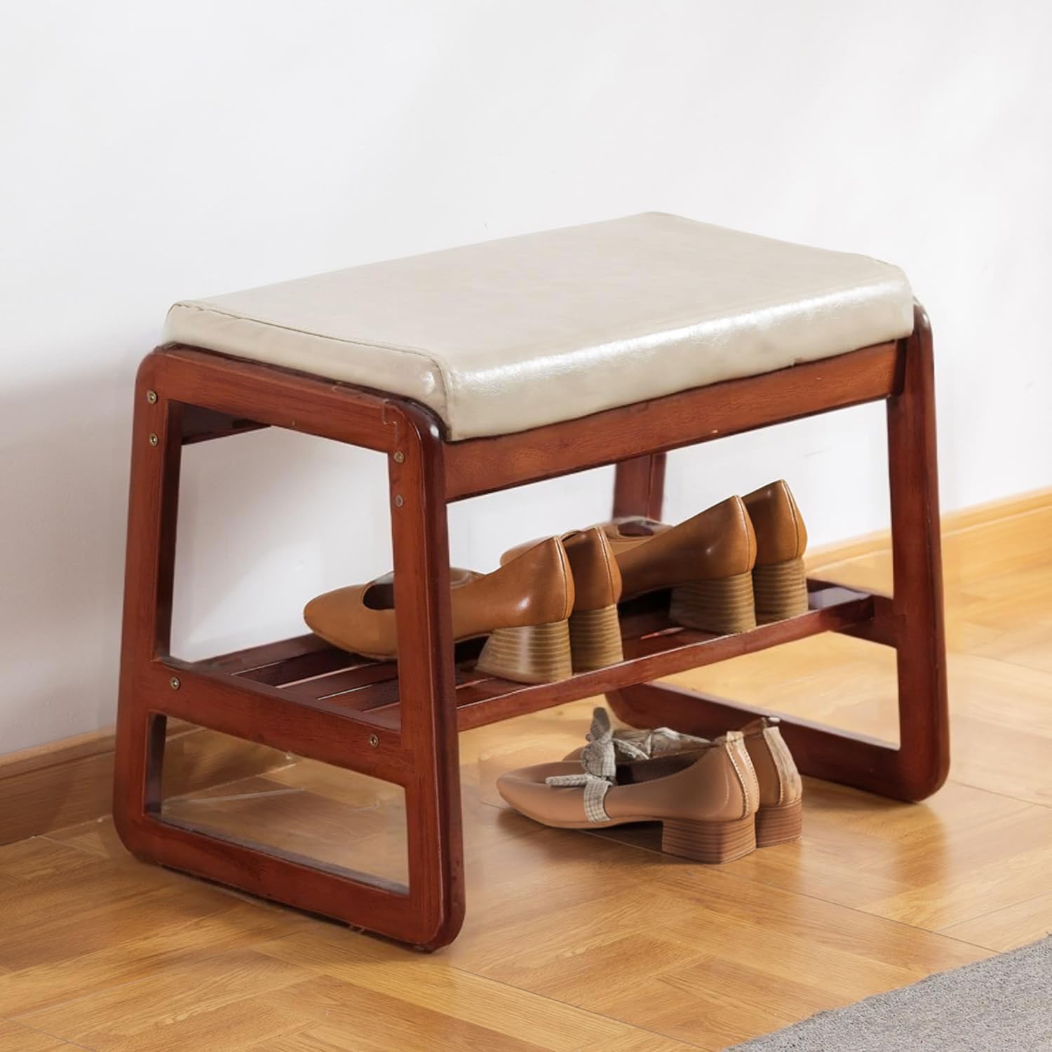 Shoe Rack Bench, Solid Wood Entryway Bench, Shoe Storage with Cushion Seat for Entry, Hallway (Beige-21.65") Beige 21.65 inches