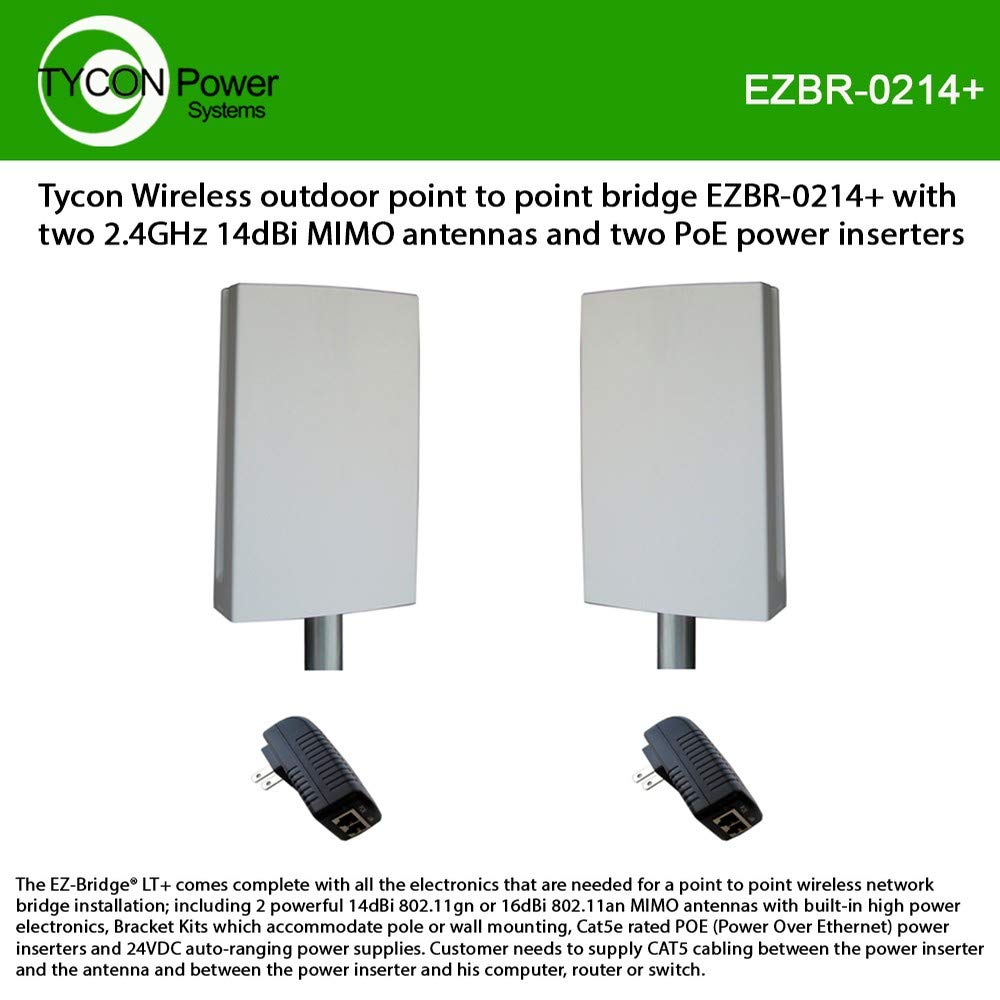 Tycon Wireless Outdoor Point to Point Bridge EZBR-0214+ with Two 2.4GHz 14dBi MIMO Antennas and Two PoE Power inserters