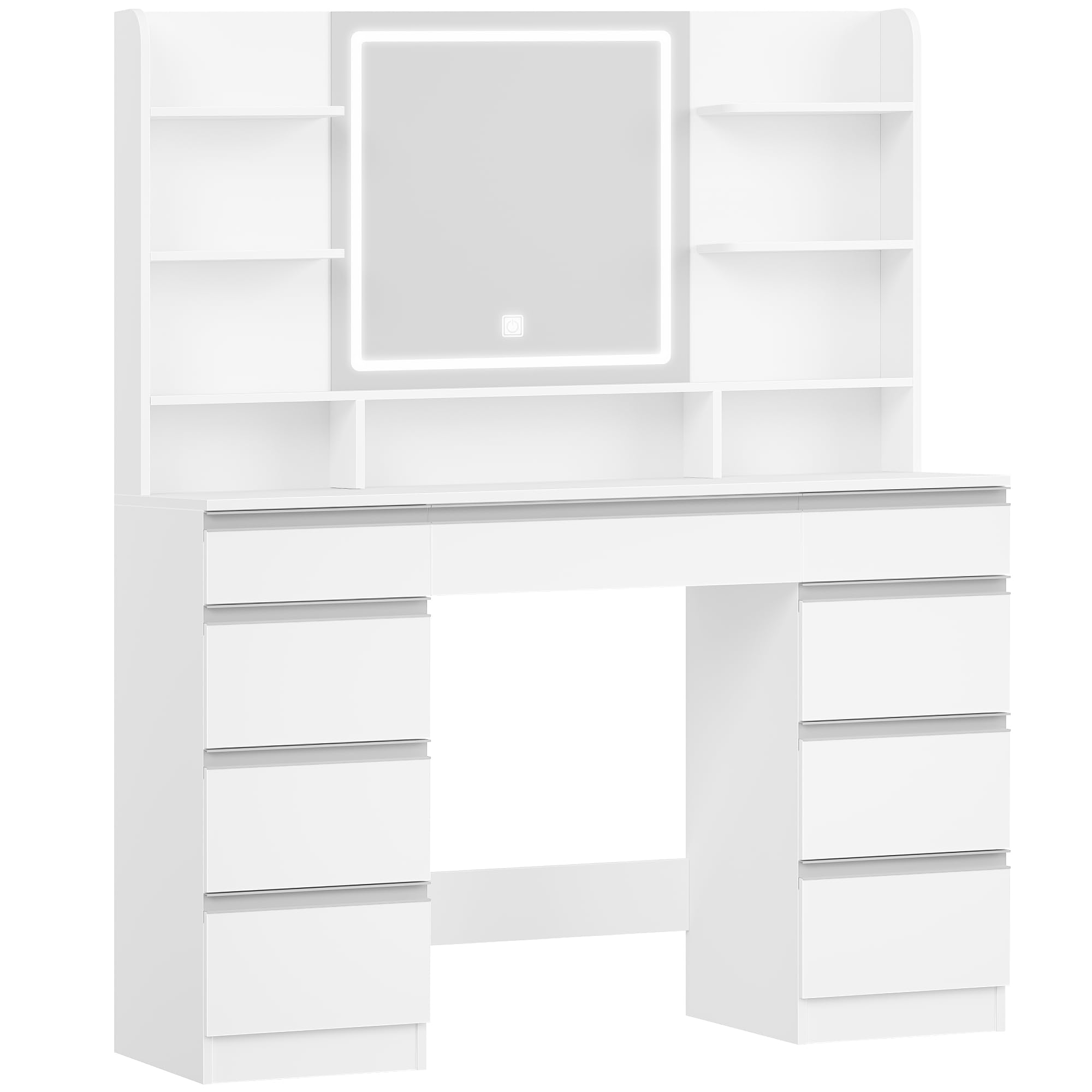 Tocador Grande con Iluminación LED, 3 Colores, Brillo Ajustable, Mesa de Maquillaje con Espejo, 9 Cajones, Estilo Moderno, Blanca-Plata