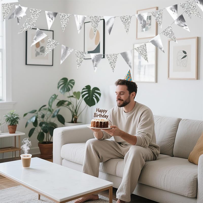 Image of Silver Hanging Triangle Flag Pennant Garland Silver Hanging Paper Pennant Streamer Paper Triangle Flag Bunting Banner for Graduation Wedding Engagement Birthday Party Decorations 30 Feet