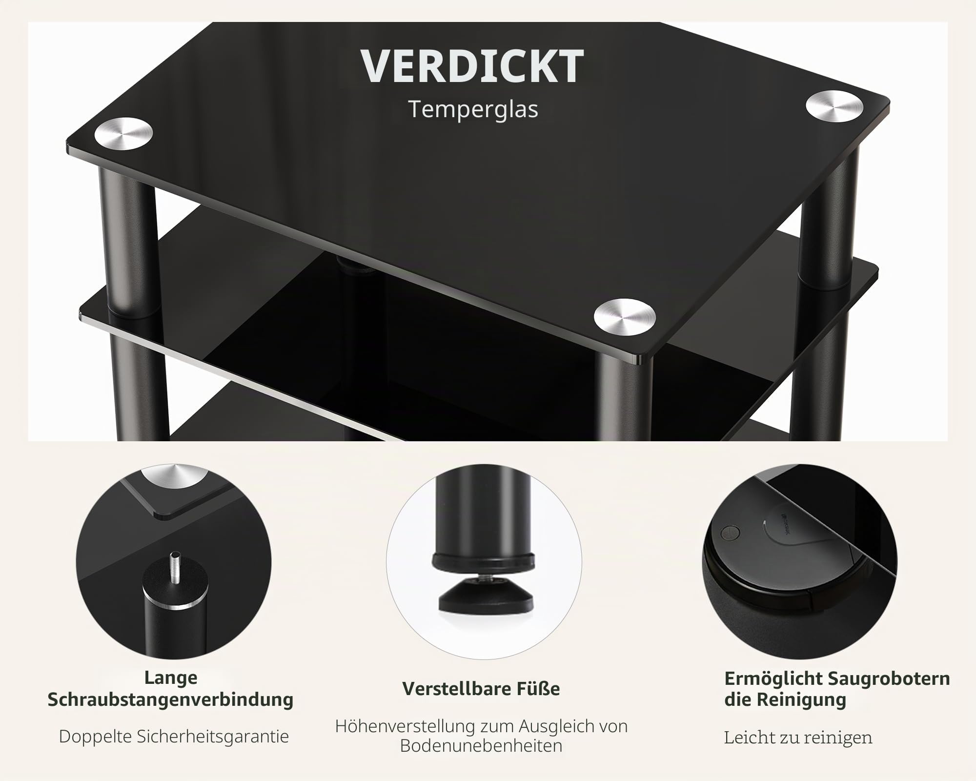 FITUEYES HiFi Rack aus Glas & Alu, Plattenspieler Regal mit Höhenverstellbaren Ablagen & Verstellbaren Füßen für Plattenspieler, Stereoanlagen & Kompaktanlage, 600x455x770 mm, AS406001GB