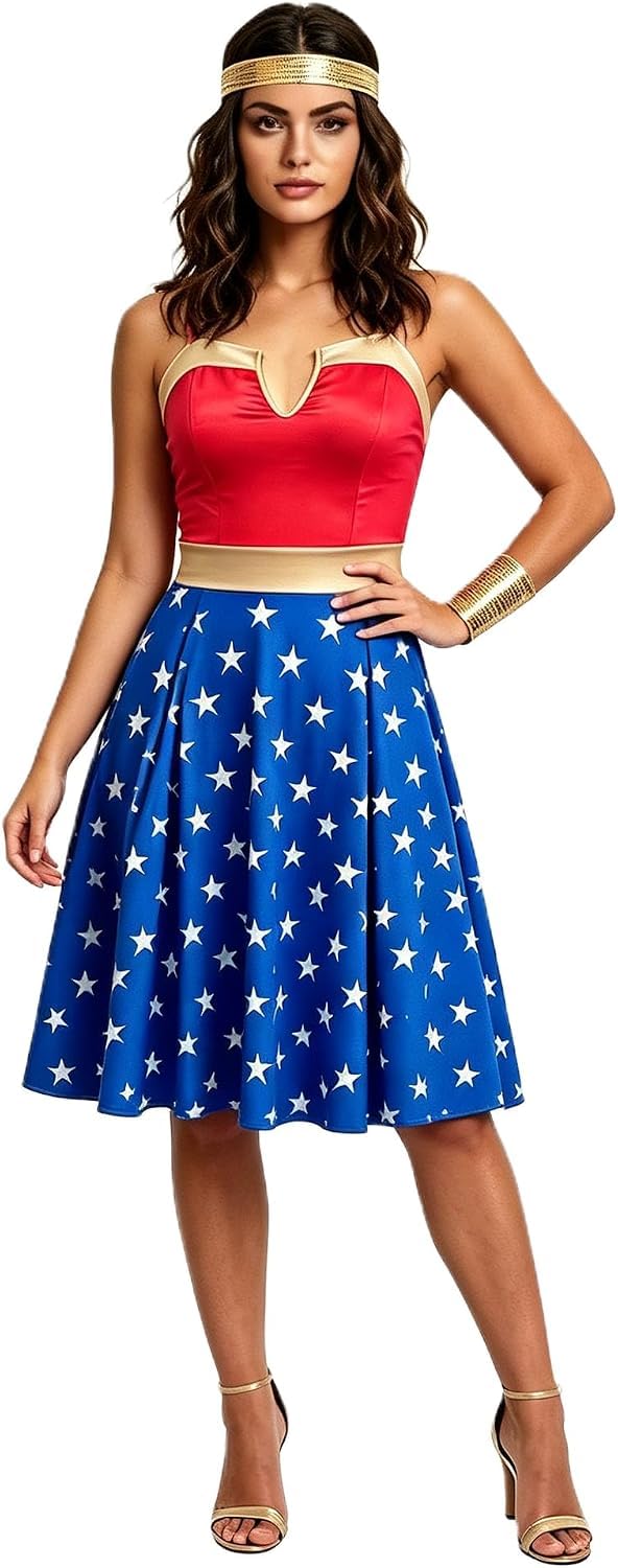 Svuitmsl Womens Superhero Halloween Costume Star Printed Party Dress Up Cosplay Set (J-Blue, S)