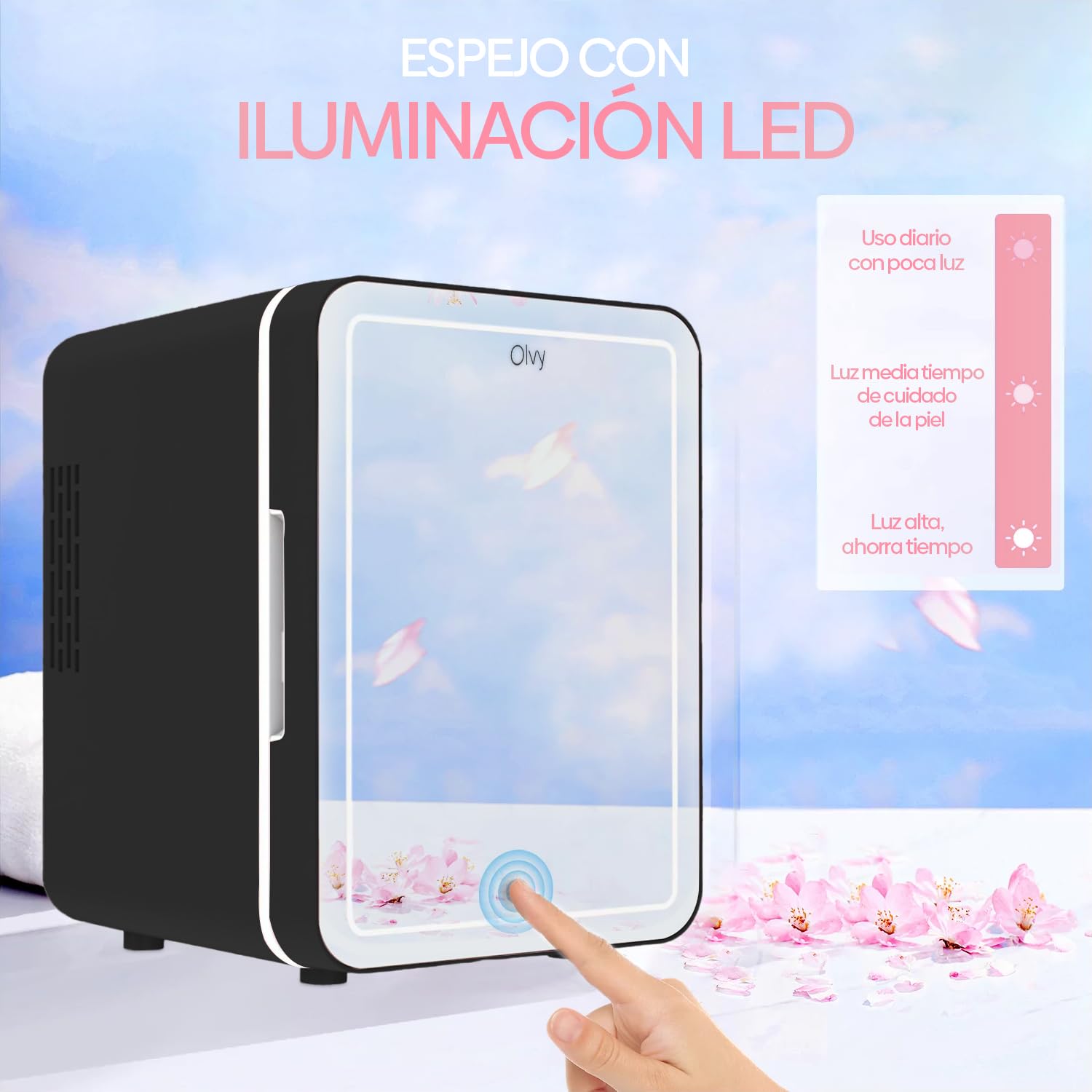 Olvy Mini Nevera Cosmética de 4 Litros, Frigorífico Portátil con Espejo LED, Mini Frigorífico para Cuidado de la Piel, Enfría y Calienta, para Dormitorio, Negro