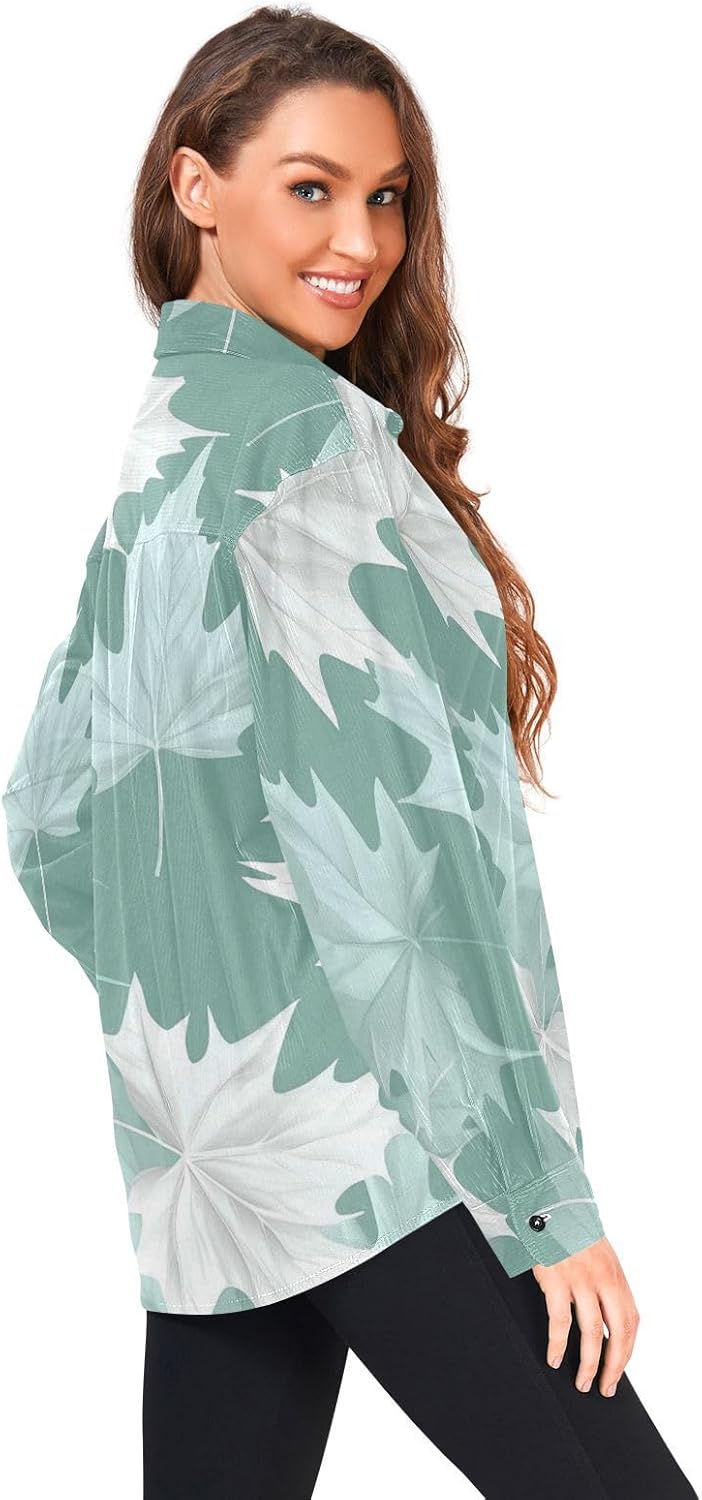 Green White Maple Leaf Woolen Cord Fabric Mens Rugby Shirts Long Sleeve for Women Slim Fit with Pockets