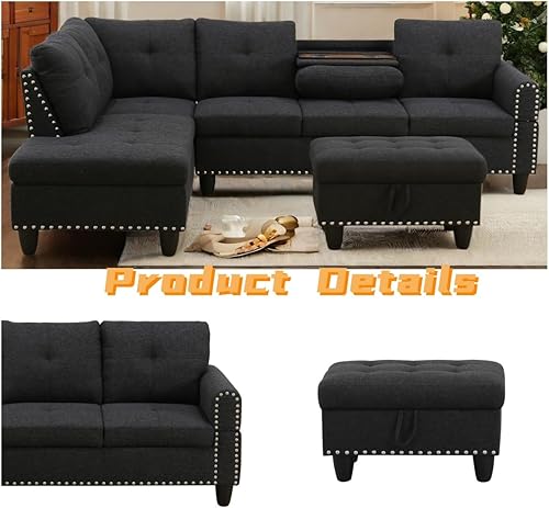 Miniatura 4 de FONTOI Sofá modular en forma de L con otomana, sofá modular de 97 pulgadas para sala de estar, sofás modulares de franela con portavasos para