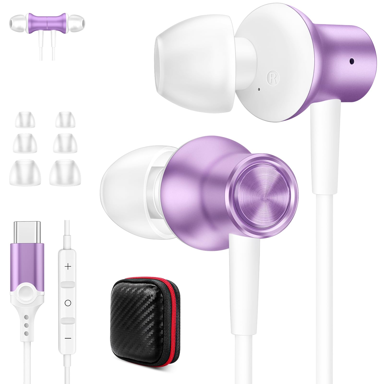 Jiunai USB C Headphones for iPhone 17 Pro Max Type C Wired Earbuds with Mic in Ear Magnetic Noise Isolation Stereo AUX Audio Corded Earphones for Samsung S25 iPhone 16 15 iPad Pixel 10 Pro XL Purple