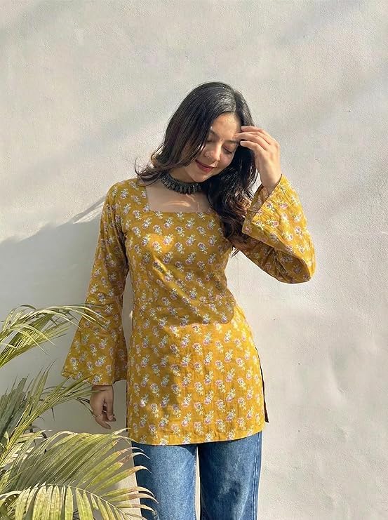 Image of ANNI Designer Women's Viscose Blend Printed Short Kurti | Straight Fit Casual Ethnic Top | Square Neck 3 /4 Sleeve Kurta Office College