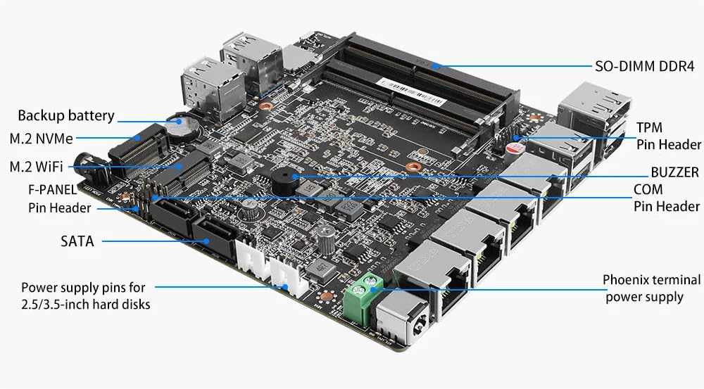 Firewall Appliance Mini PC, Intel Celeron J6412 2 x M.2 Nvme Quad Core 4xIntel I226 2.5G Ethernet VPN Router PC AES-NI HDMI DP 4/8/16/32/64GB DDR4 1TB M.2 Nvme (sin RAM sin SSD)