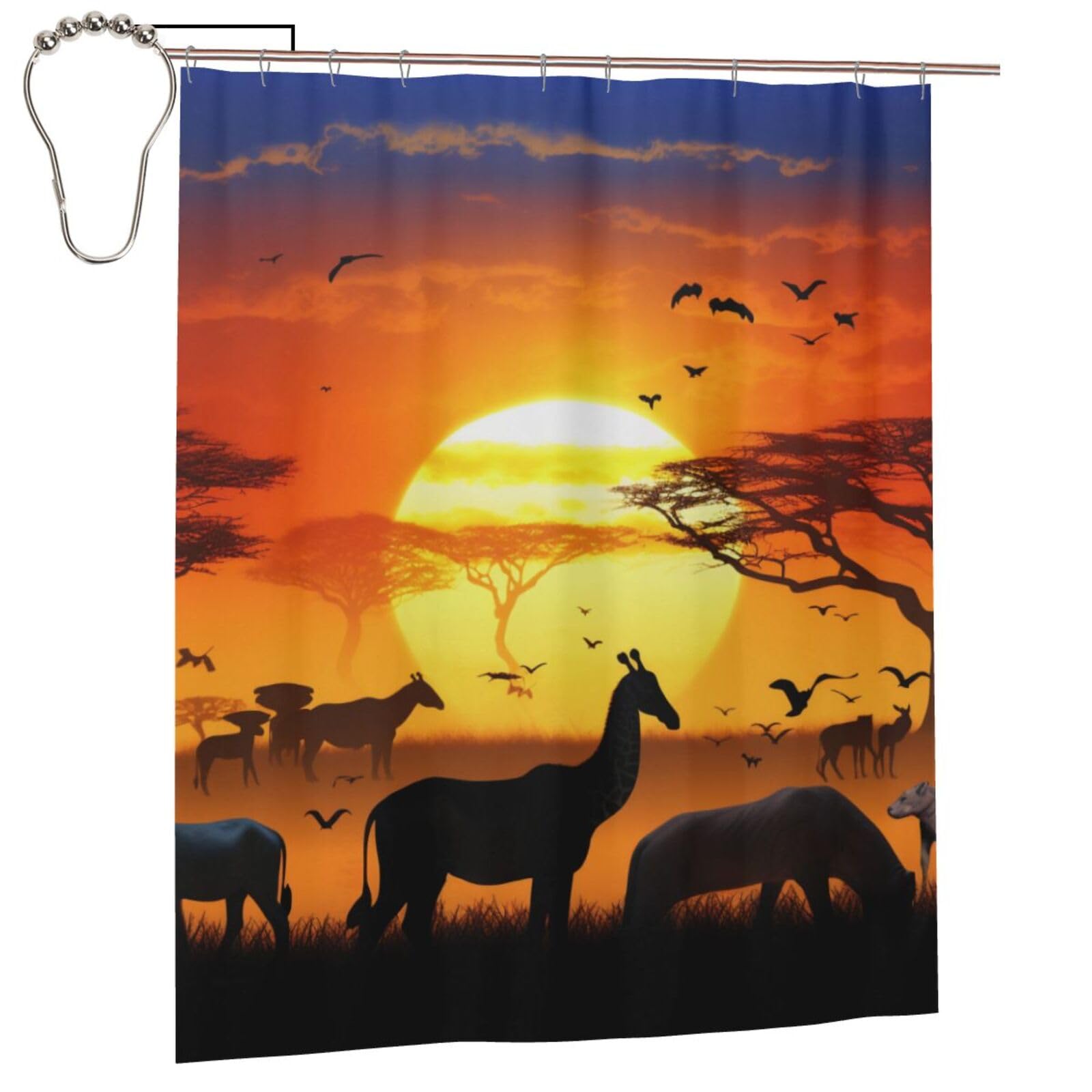 BWWHCCTI Sunset animals Printed Shower Curtain With 12 Iron Hooks Opaque Quick Drying Waterproof Shower Curtains Sets For Bathroom 152x183 Cm