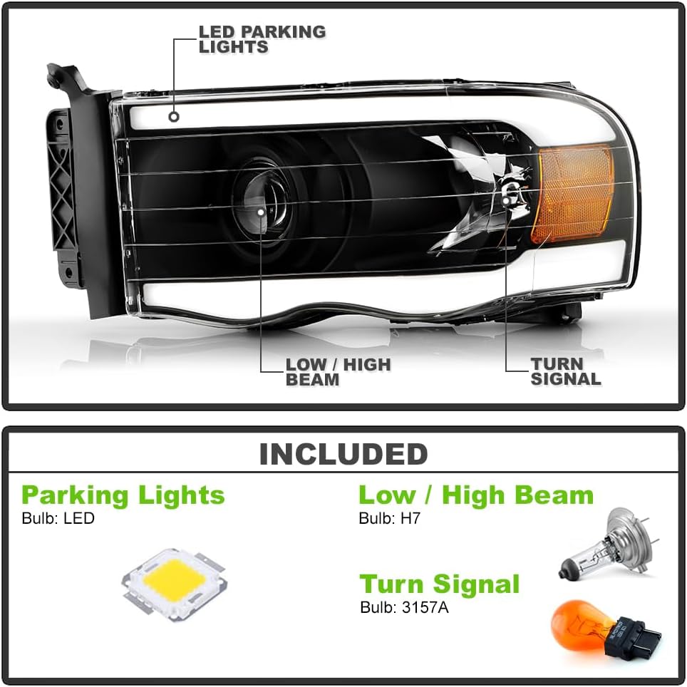 KEEKPO - For 2002-2005 Dodge Ram 1500 2500 3500 Upgrade LED Tube Projector Headlights Headlamps Replacement Left+Right