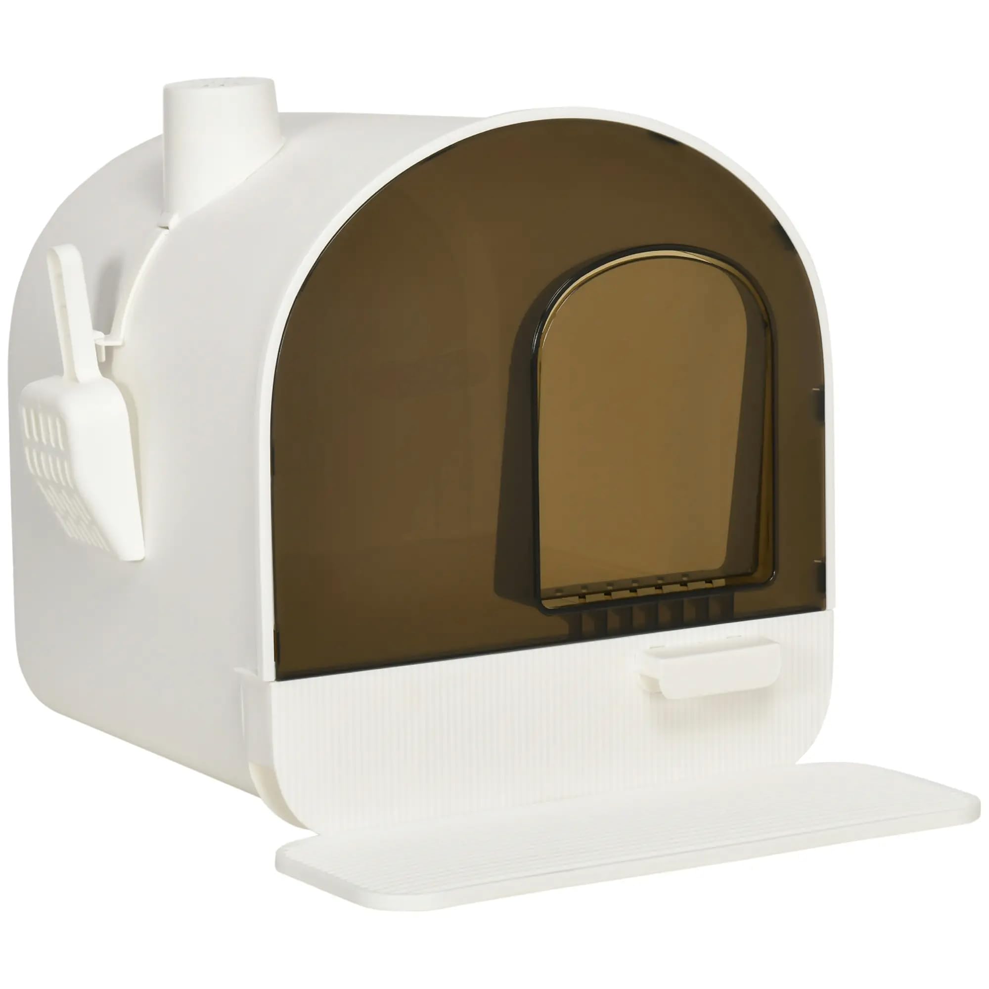 Arenero para gato cerrado con filtro antiolor, bandeja extraíble y pala incluida, diseño acogedor para gatos adultos, solución higiénica que ahorra espacio, color blanco, dimensiones 43 x 44 x 47 cm