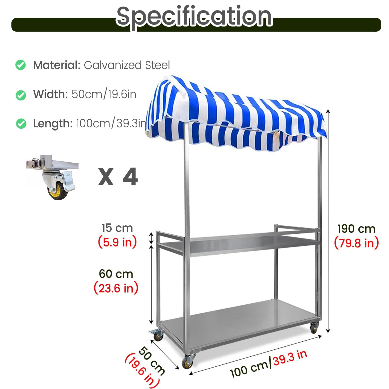 JYHHCYS Carrito De Vendedor Carro Remolque para Vendedores Ambulantes De Mercados Callejeros, Carro De Hierro para Venta Ambulante con Toldo A Rayas para Exteriores, 2 Niveles(Blue,S)