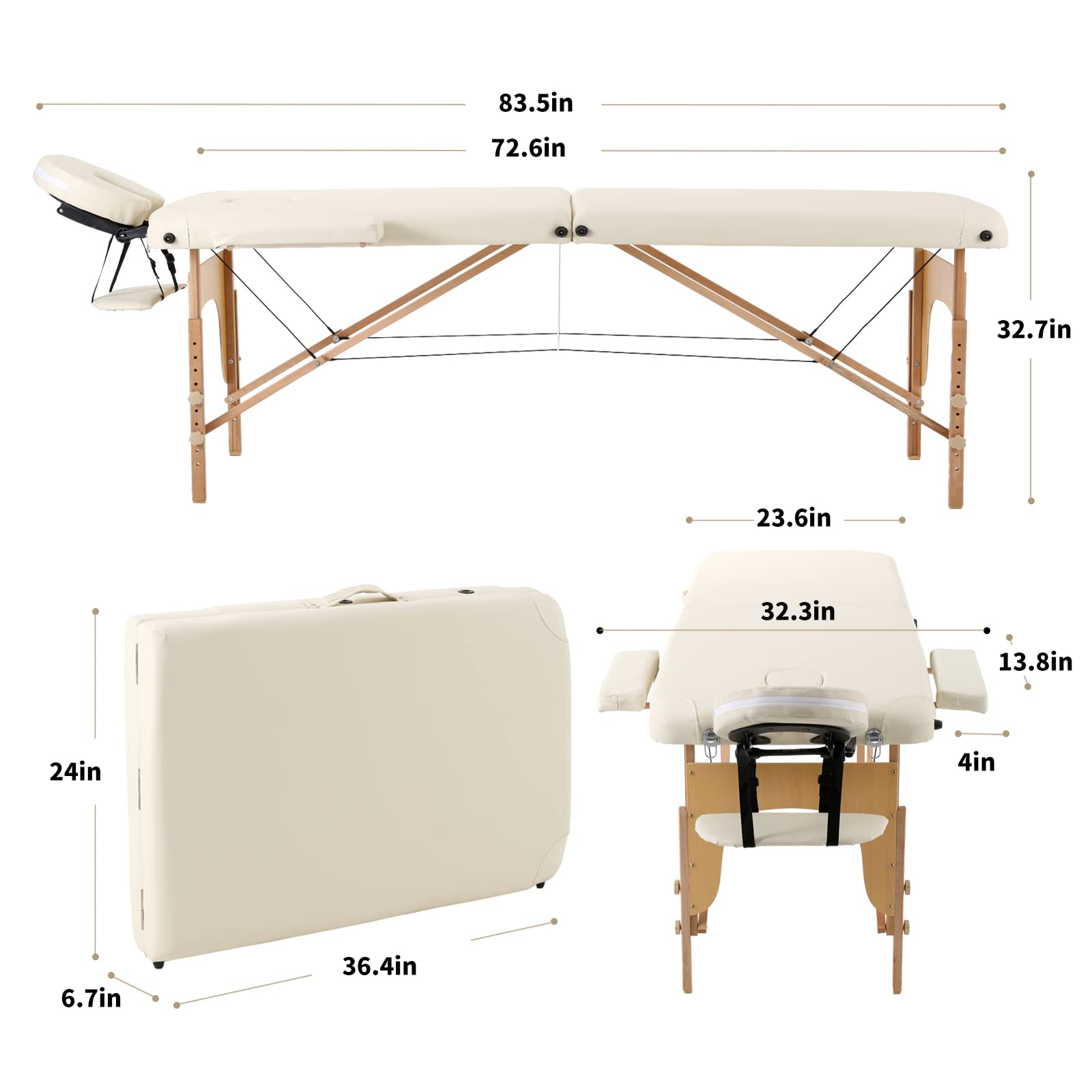 Panana Massageliege 2 Zonen Mobile Massagetisch Klappbar Tragebares Massagebett höhenverstellbar aus Holz Massagebank mit Kopfstütze & Armlehnen & Tasche 213 × 82 x 81 cm (Beige)