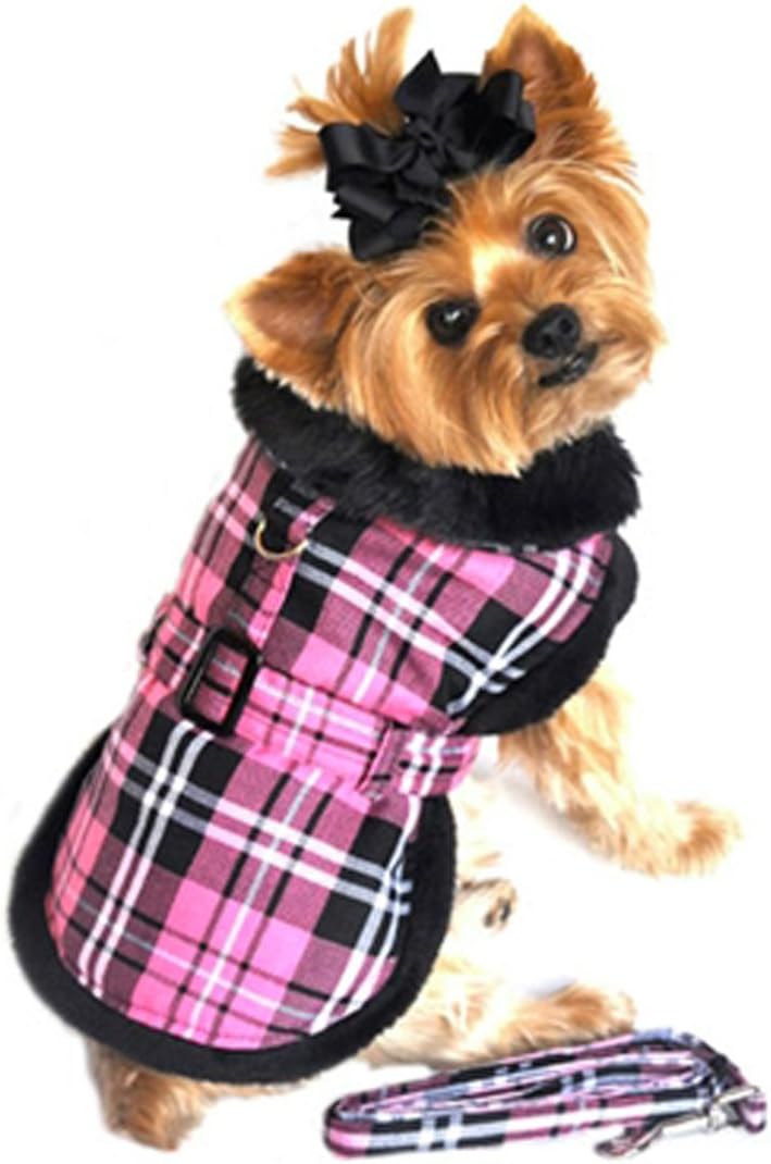 Doggie Design Pink Classic Plaid Wool/Fur Collared Harness Coat W/Leash Size Large (Chest 19-21, Neck 16-19, Weight 16-30lbs.)