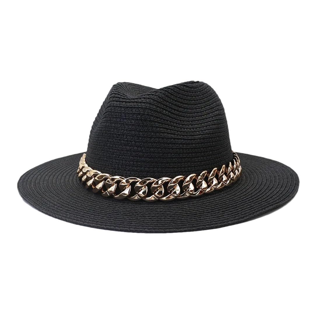 LCUVIMPEX Bucket Hats， Unisex Wide Brim Straw Panama Fedora Hat Multicolor Summer Beach Sun(Black)