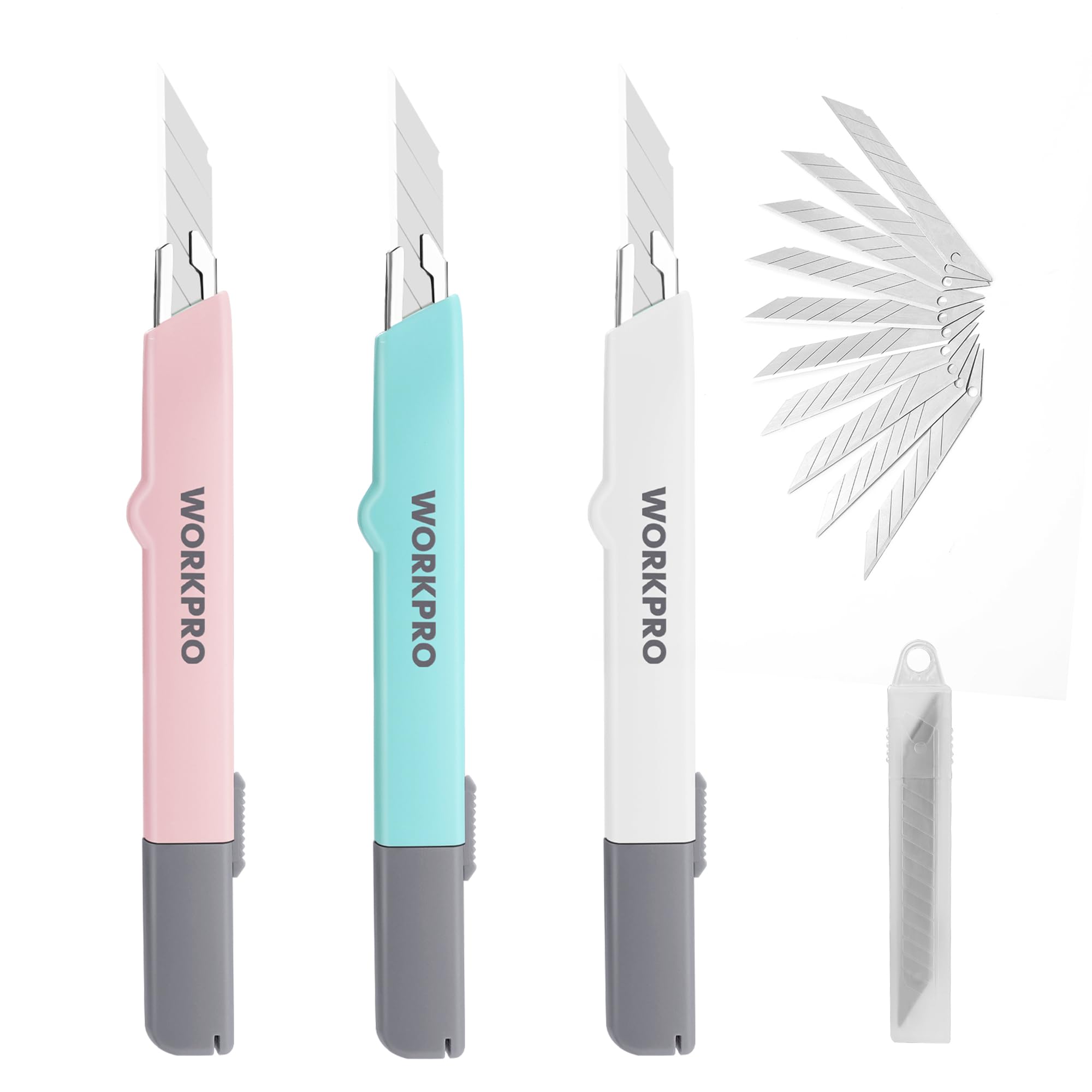 WORKPRO 3-piezas Cuchillo Utilitario de 9mm, Cúter Profesional, Cortador para Abrir Cajas de Embalaje, Cutter Perfecto para la Oficina y el Hogar