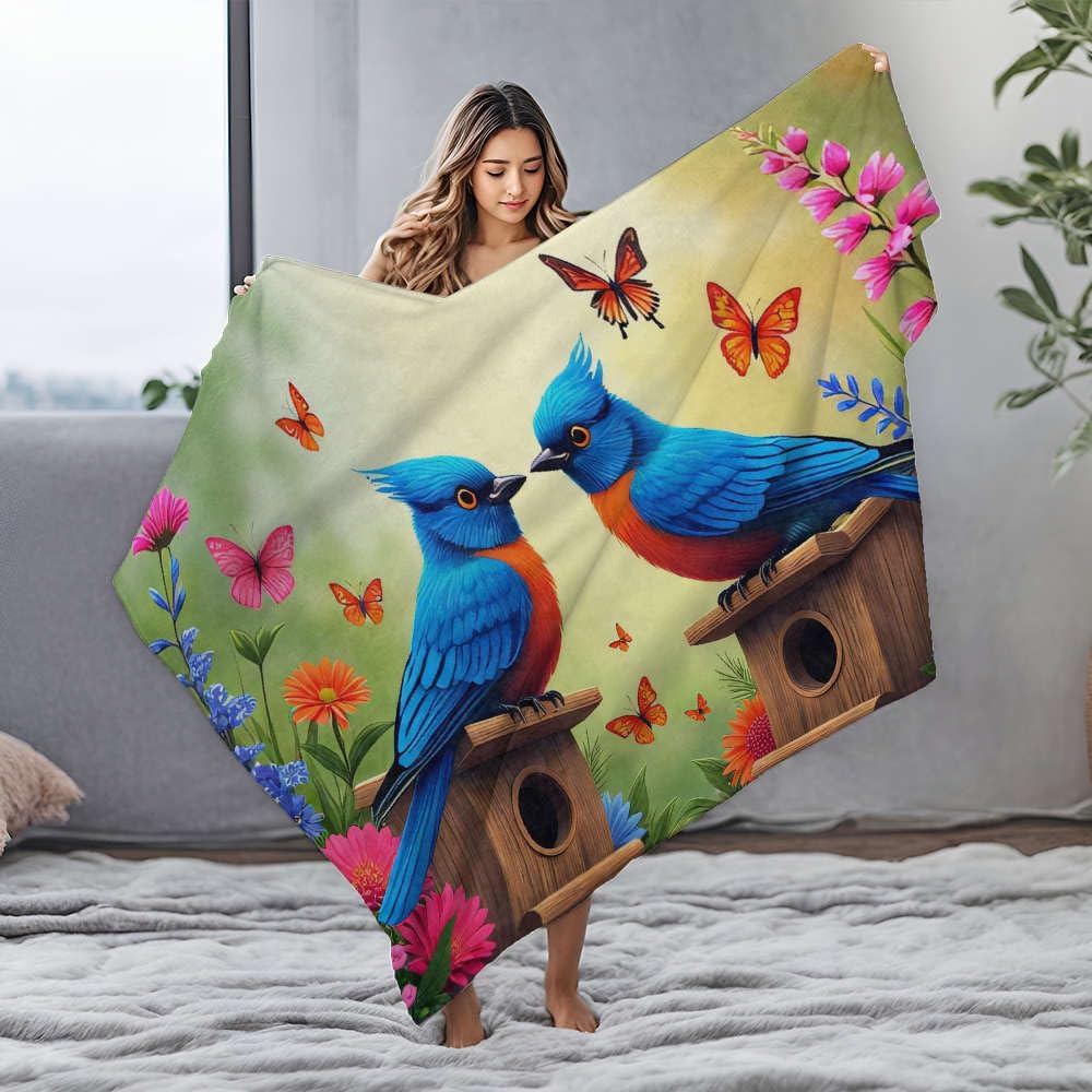 Plaid polaire flanelle doux oiseaux colorés pour des nuits douillettes