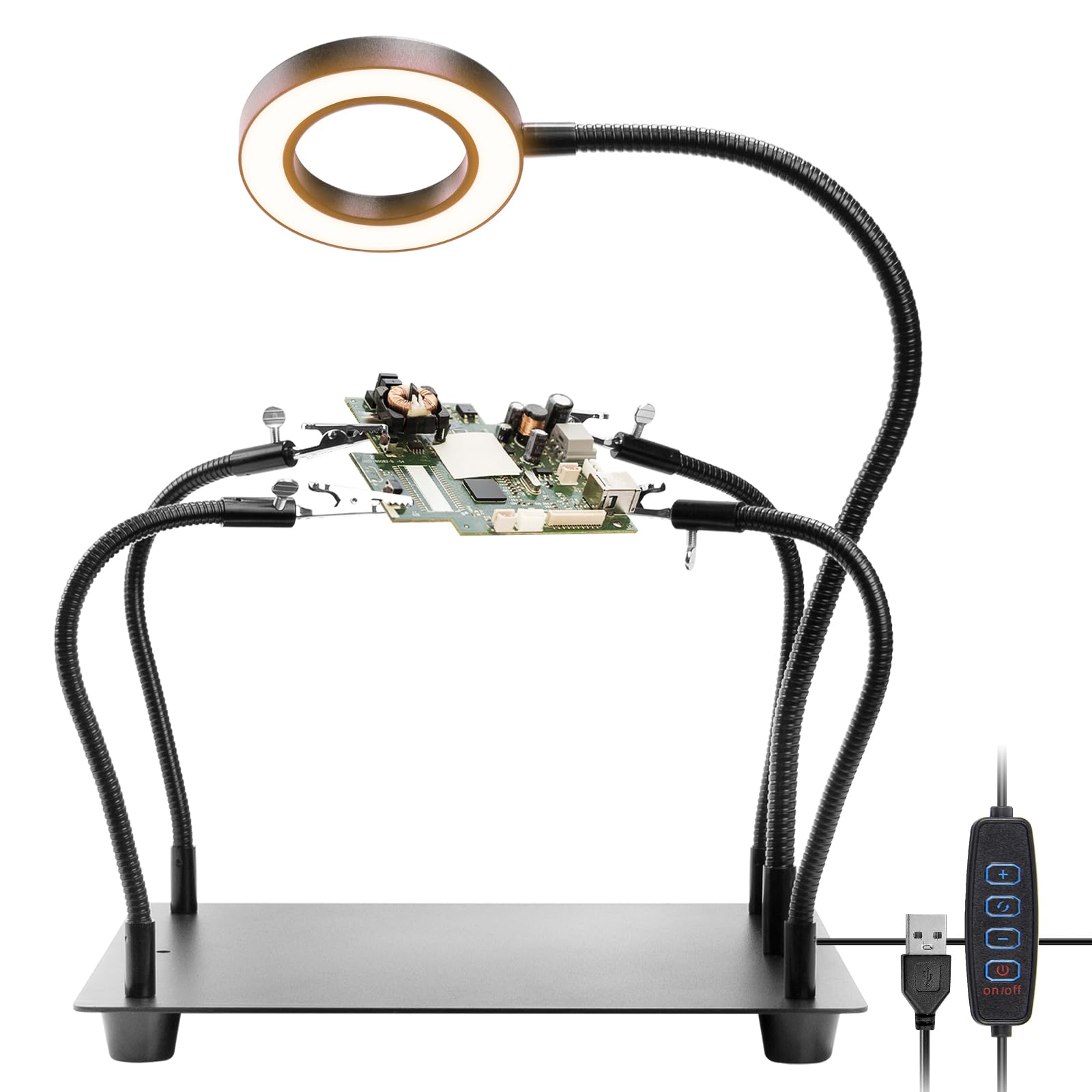 ELMCONFIG - Stazione di saldatura Helping Hands con lente d'ingrandimento 5X e luce, supporto per circuiti stampati in metallo con 4 bracci flessibili in metallo per saldatura, montaggio, riparazione
