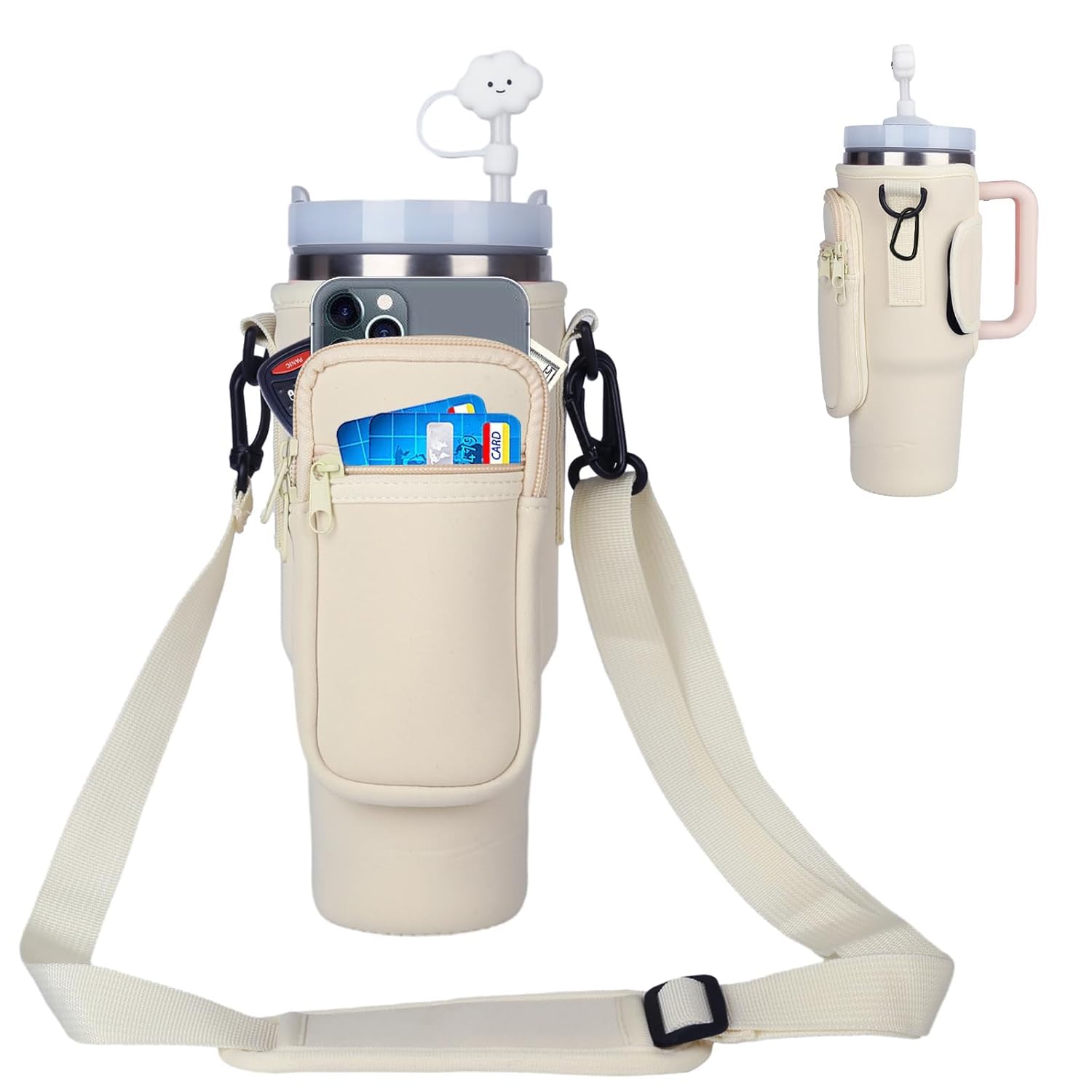 ARURA (LABEL) Water Bottle Carrier Bag with Pouch Compatible with 40oz Tumbler with Handle, Water Bottle Pouch for Quencher H2.0 Flow State, 40 oz Tumbler (Beige)-image-9