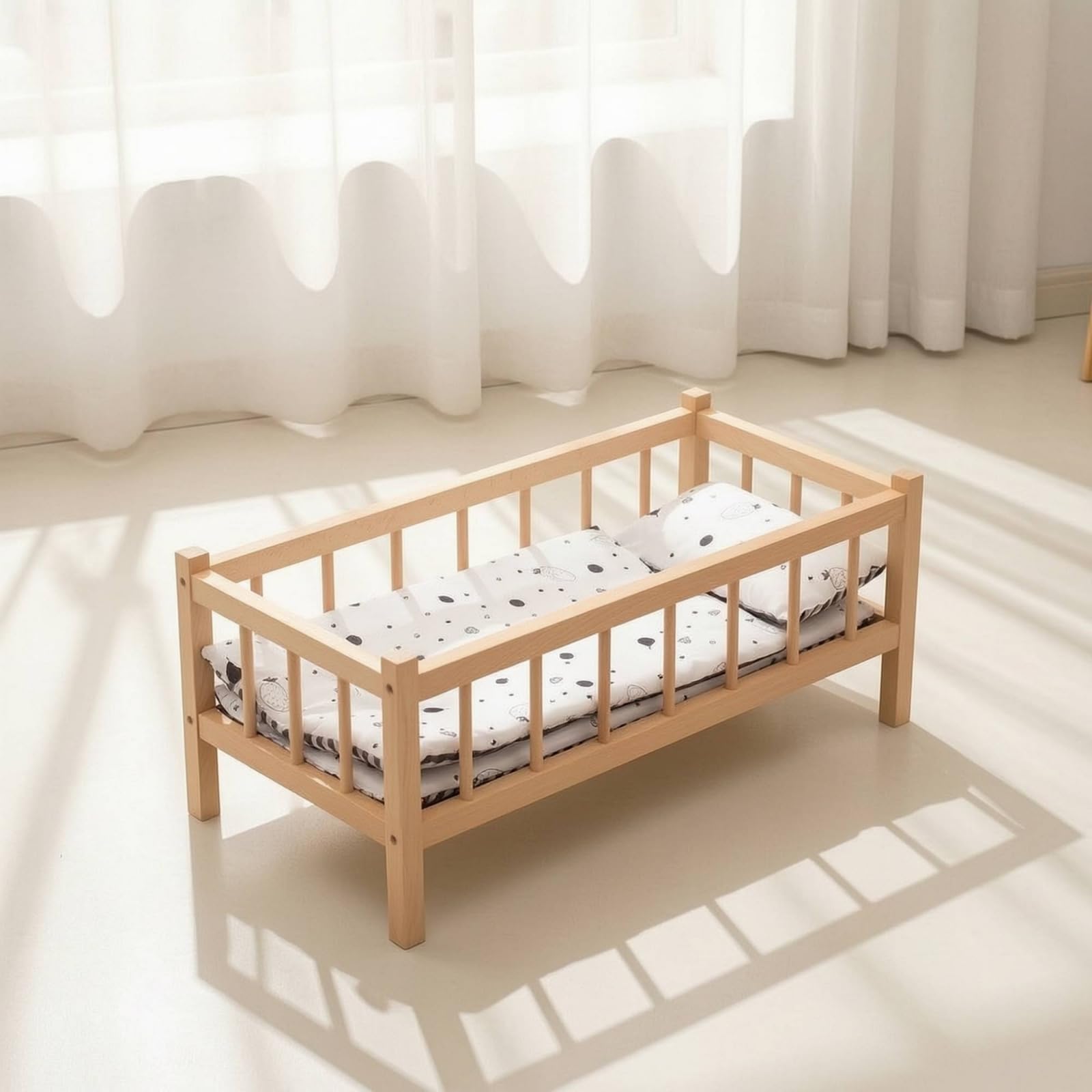 Letto per Bambole Culla Lettino Mini Letto in Legno di Faggio con Verticali E Cornice Rettangolare per Gioco di Ruolo Educativo Adatto a Cameretta Asilo Regalo Bambini