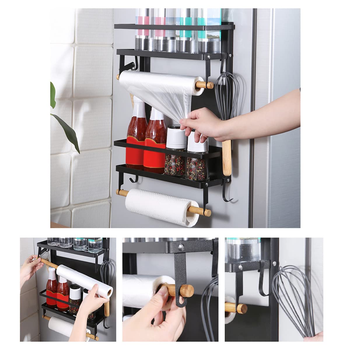 Étagère à Épices Magnétique Pliable Organisateur de Rangement pour Réfrigérateur Étagère Latérale Porte-Serviettes en Papier à Rouleau Étagère de Cuisine (2 Tier)