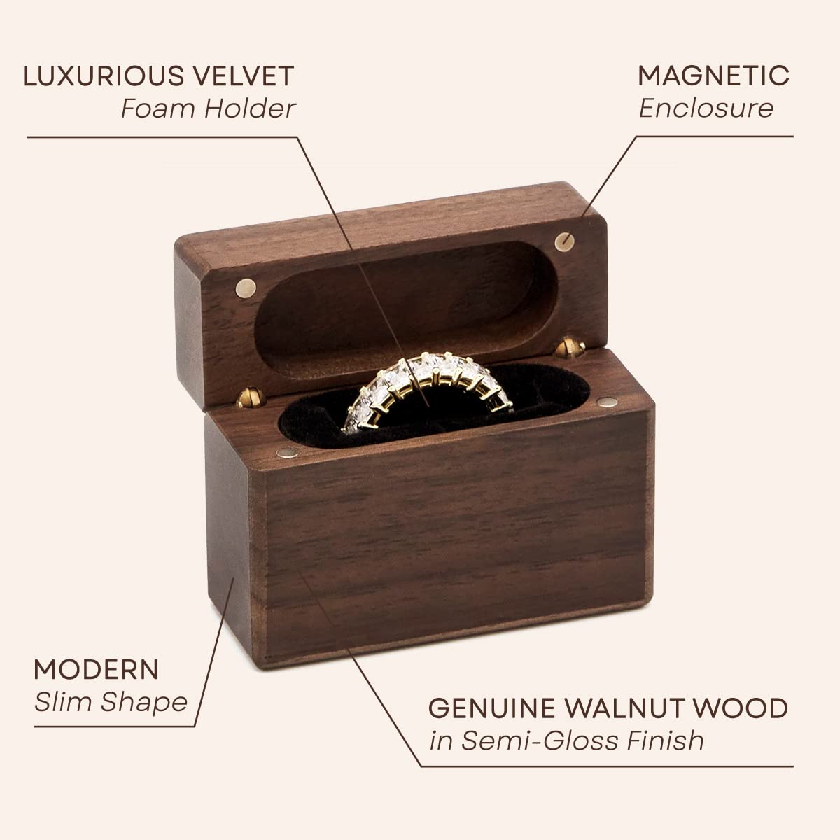 MUUJEE Slim Secret Wood Ring Box - Engagement Proposal Ring Holder, Wedding Ceremony Ring Bearer Box, Fiance Gift Ideas