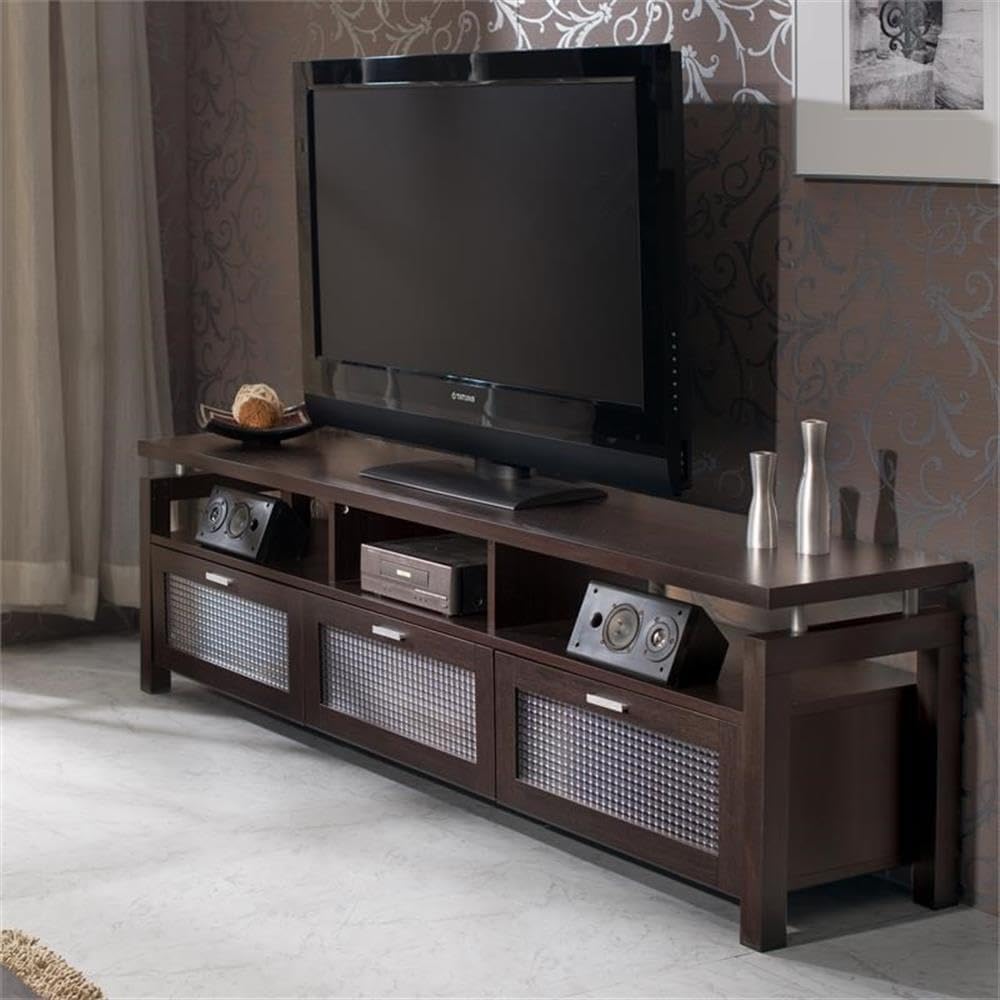 ioHOMES YNJ-1433-5 Vintner Contemporary TV Stand with 3 Open Shelves, Media TV Console Stand with 3 Storage Glass Front Compartments, 70", Espresso