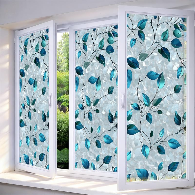 Film para ventana decorativo azul con diseño de hojas 17.7 x 39.3 pulgadas miniatura 1