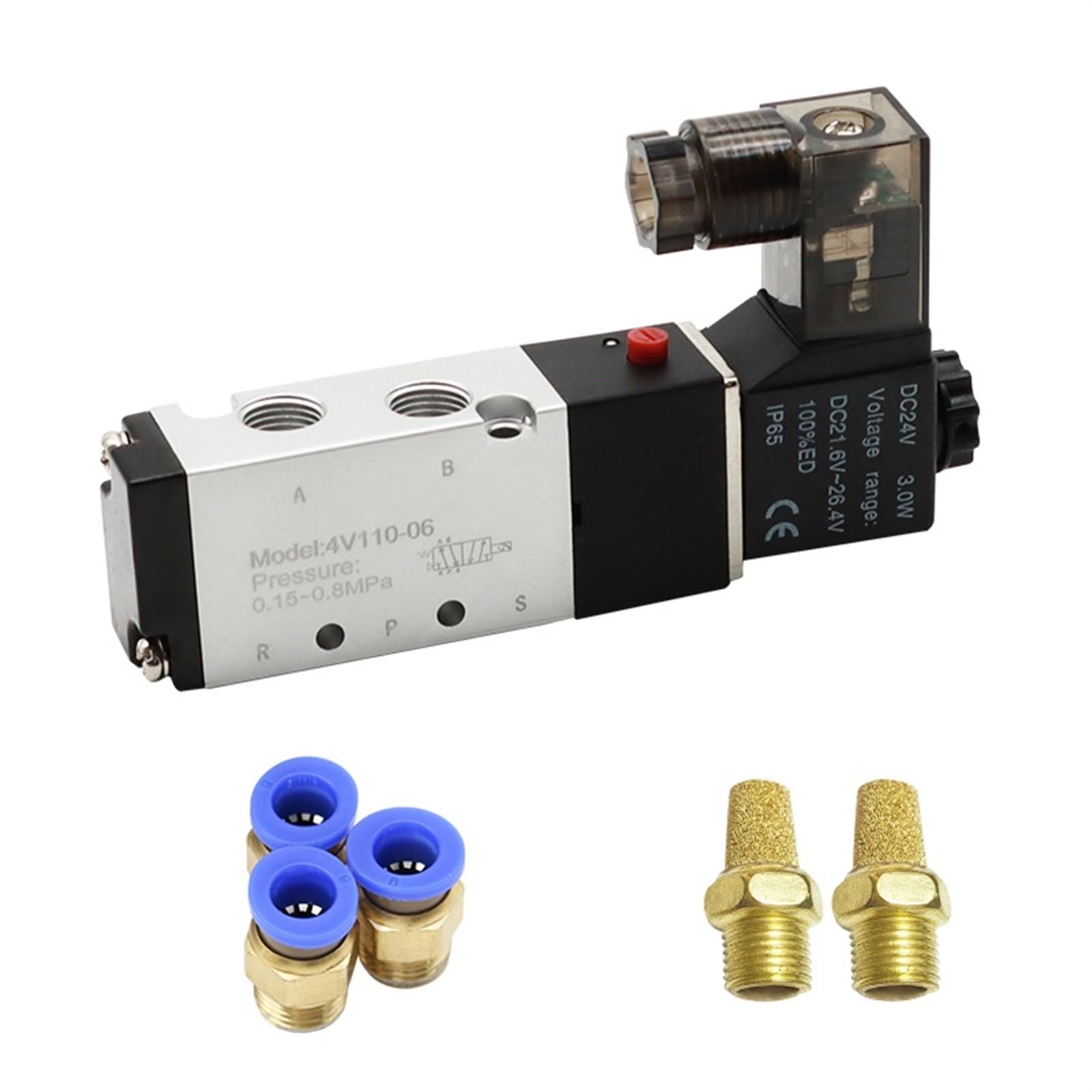 Pneumatyczny zawór elektromagnetyczny 1/8, 4V110-06, zawór pneumatyczny, port 5-drożny, 2-pozycyjny, gazowe elektryczne zawory magnetyczne, DC12V 24 V 110 V 220 V, 1 szt. (4v110-06 W, Pc6-01,AC110)