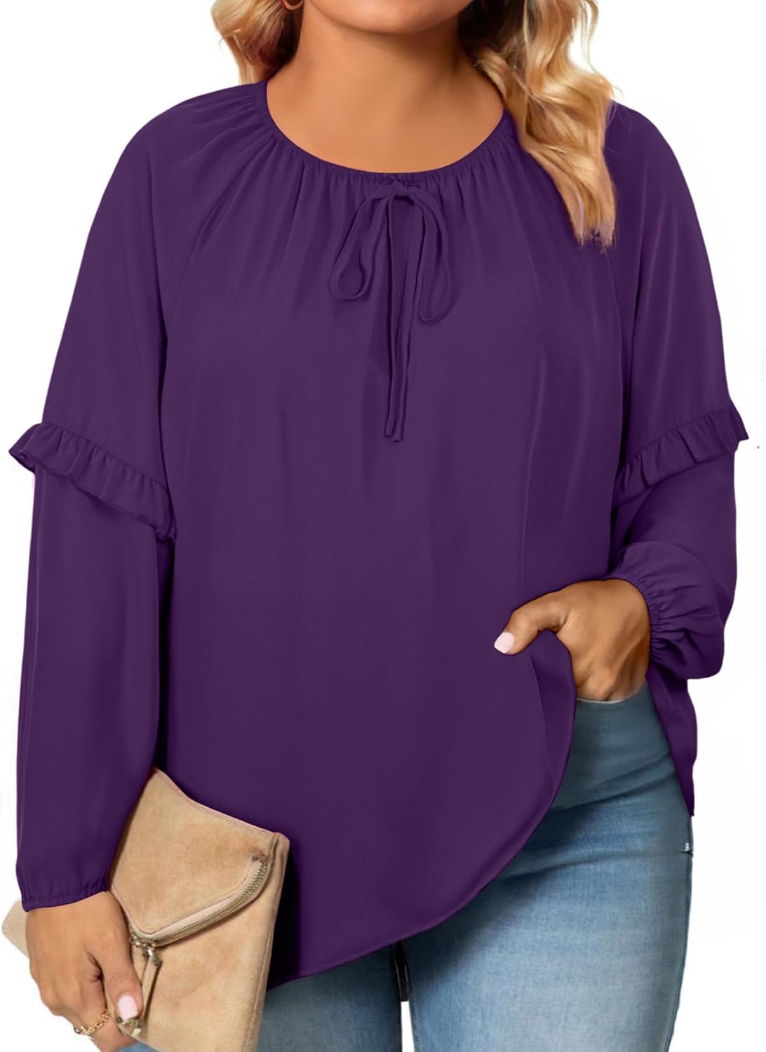 Eytino Womens Plus Size Tops Long Sleeve Crewneck Dressy Casual Chiffon Blouse Flowy Shirts(1X-5X)