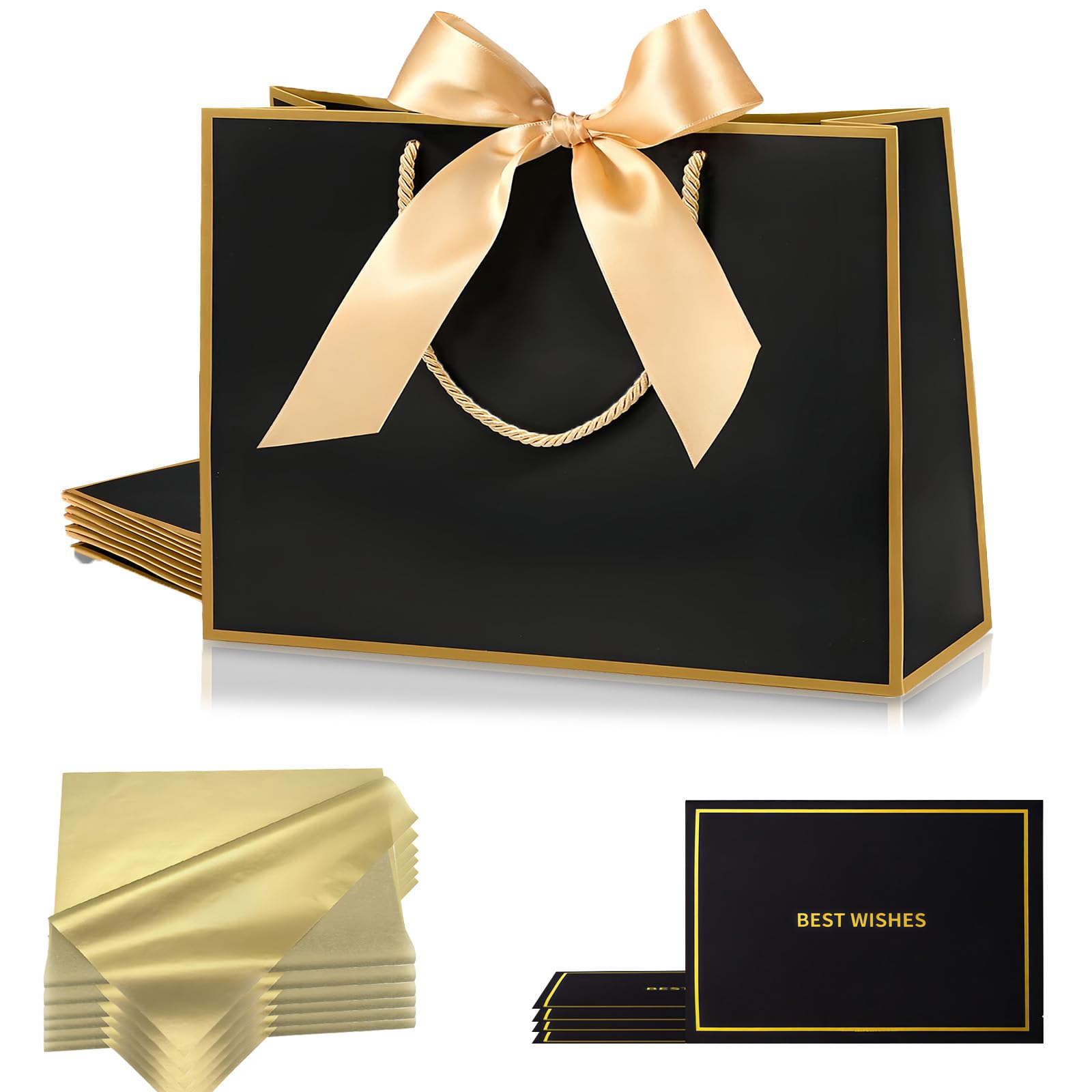 Medium Birthday Gift Bags for Presents,4Pcs White Paper Party Bags With Handles 6 Tissue Papers 4 Ribbons 4 Cards for Man Woman Girl Boy Bridesmaid Wedding Birthday Party Anniversary Christmas (Black) โ image 1
