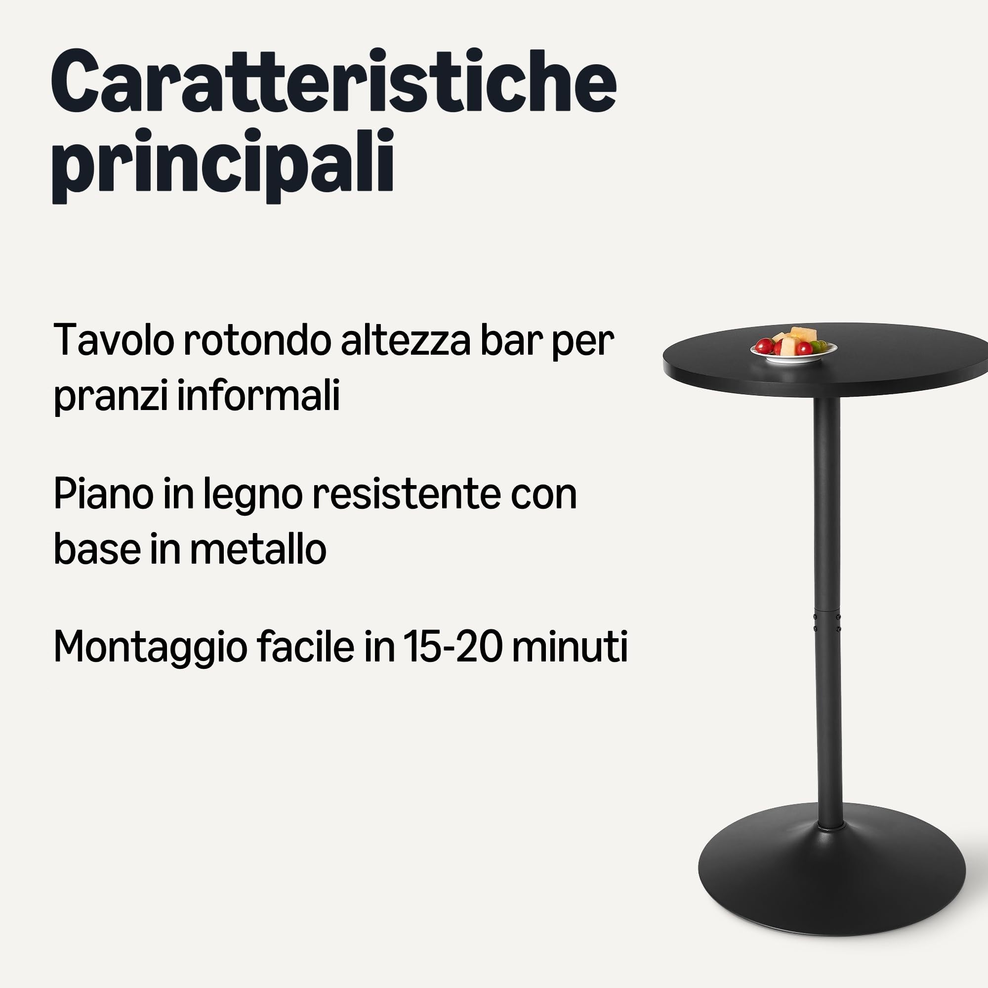 Amazon Basics Tavolo da Bar, Tavolo da Colazione, Tavolo Stile Bistrot, Rotondo, per Interni, 59,9cm x 59,9cm x 106,4cm, Colore Nero