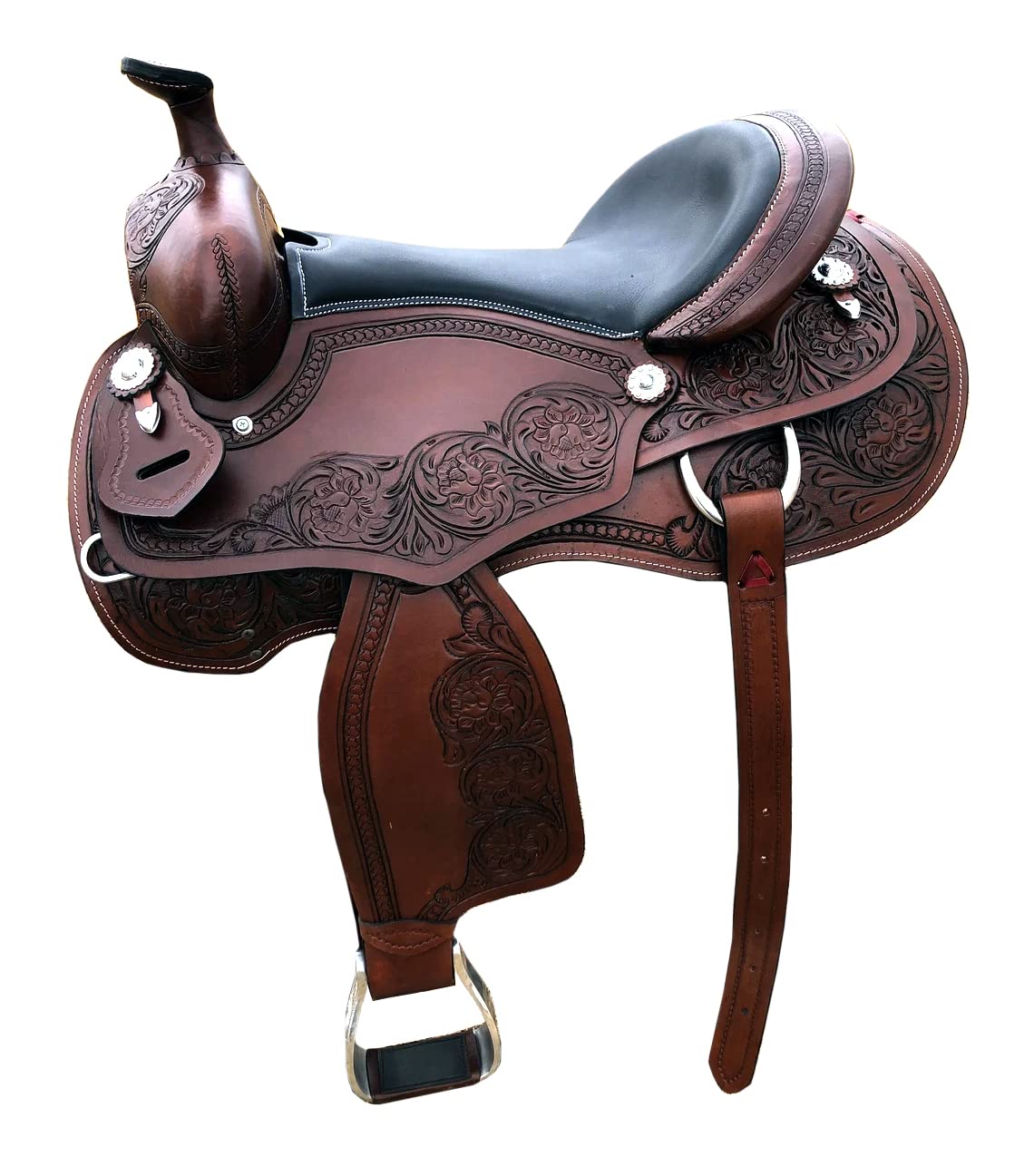 Mahira Enterprises - Sottosella da corsa in pelle di alta qualità, dimensioni da 35,6 a 45,7 cm, disponibile con testiera in pelle, collare per petto, redini da Mahira Enterprises (sedile da 31,8 cm)