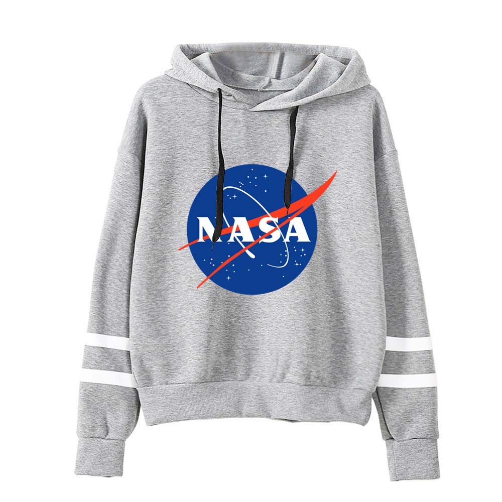 CORIRESHA Large Front NASA Logo Stripe Sleeve Hoodie Sweatshirt