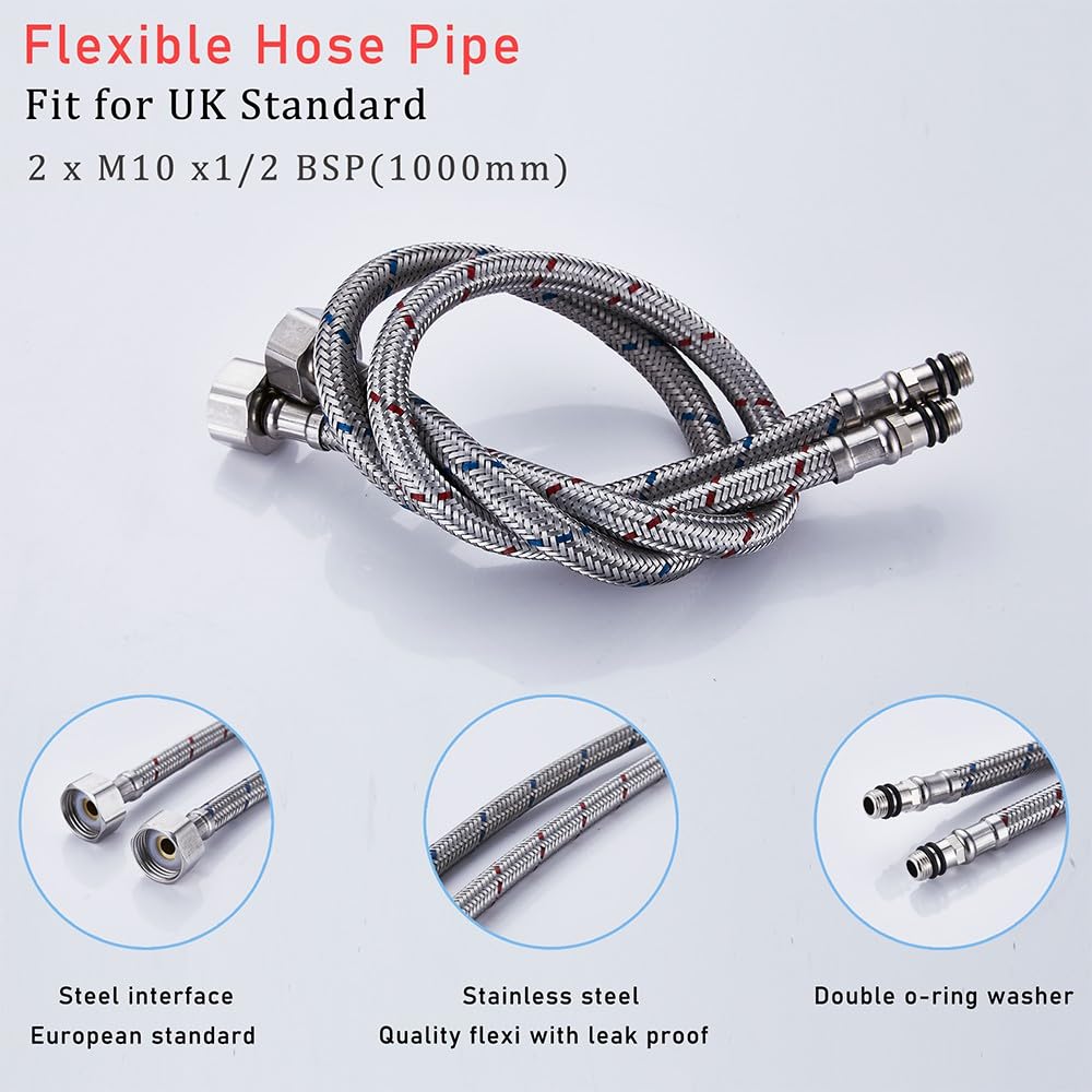 Haiba Pack of 2 Kitchen/Basin Monobloc Mixer Tap Connectors Flexi Pipes Tails British Standard Pipe M10 x1/2 Fitting 1000mm Long (Silver Pipes) - Image 2